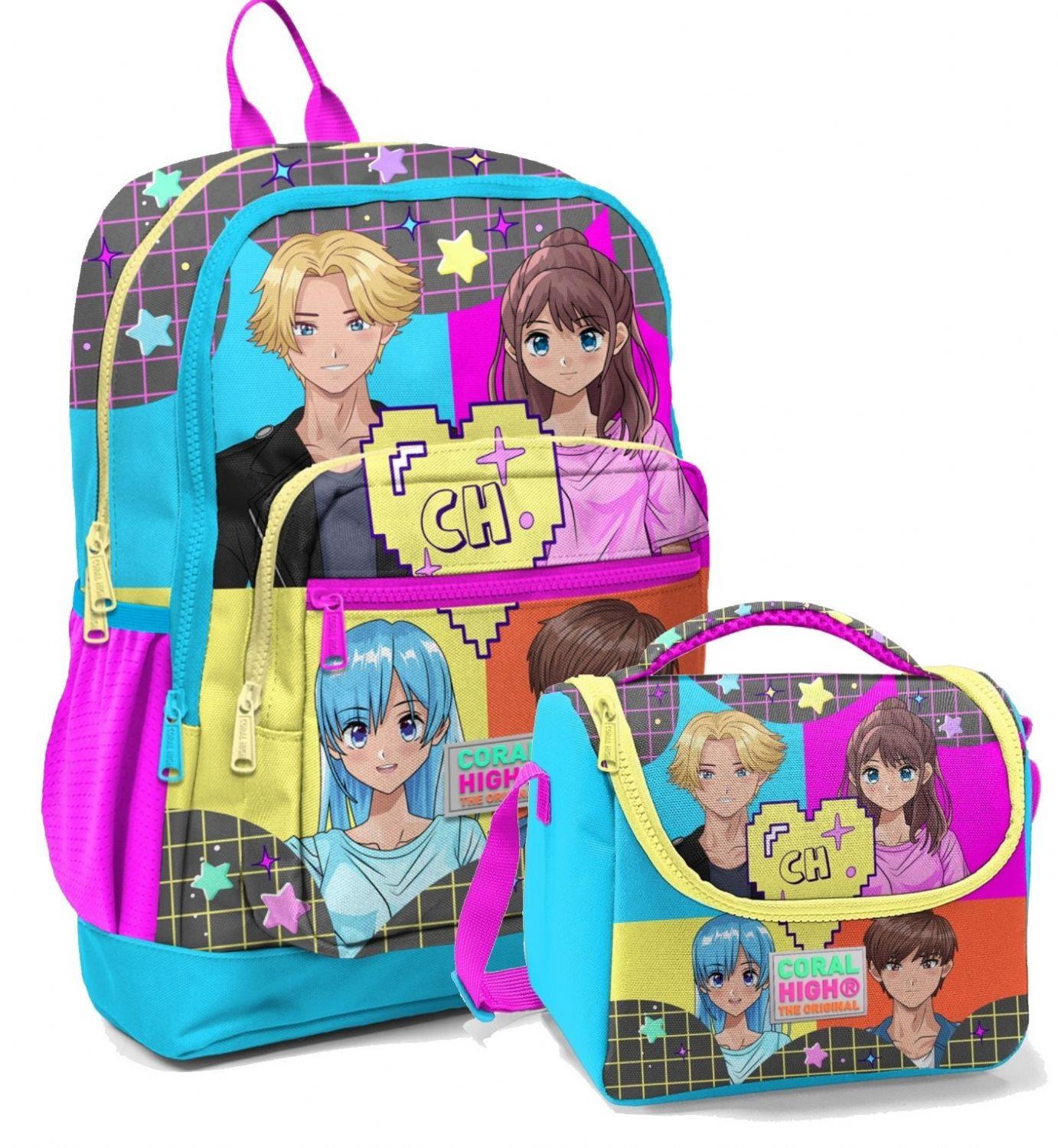 Coral High Mavi Pembe Anime Okul Sırt ve Beslenme Çantası Seti - Kız Çocuk - Dört Bölmeli
