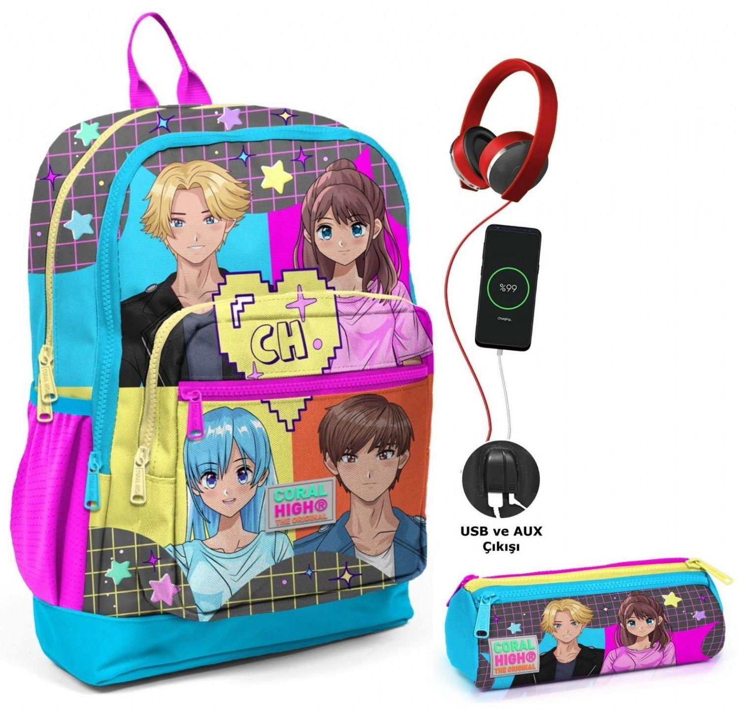 Coral High Mavi Pembe Anime USB Soketli Okul Çantası ve Kalemlik Seti - Kız Çocuk