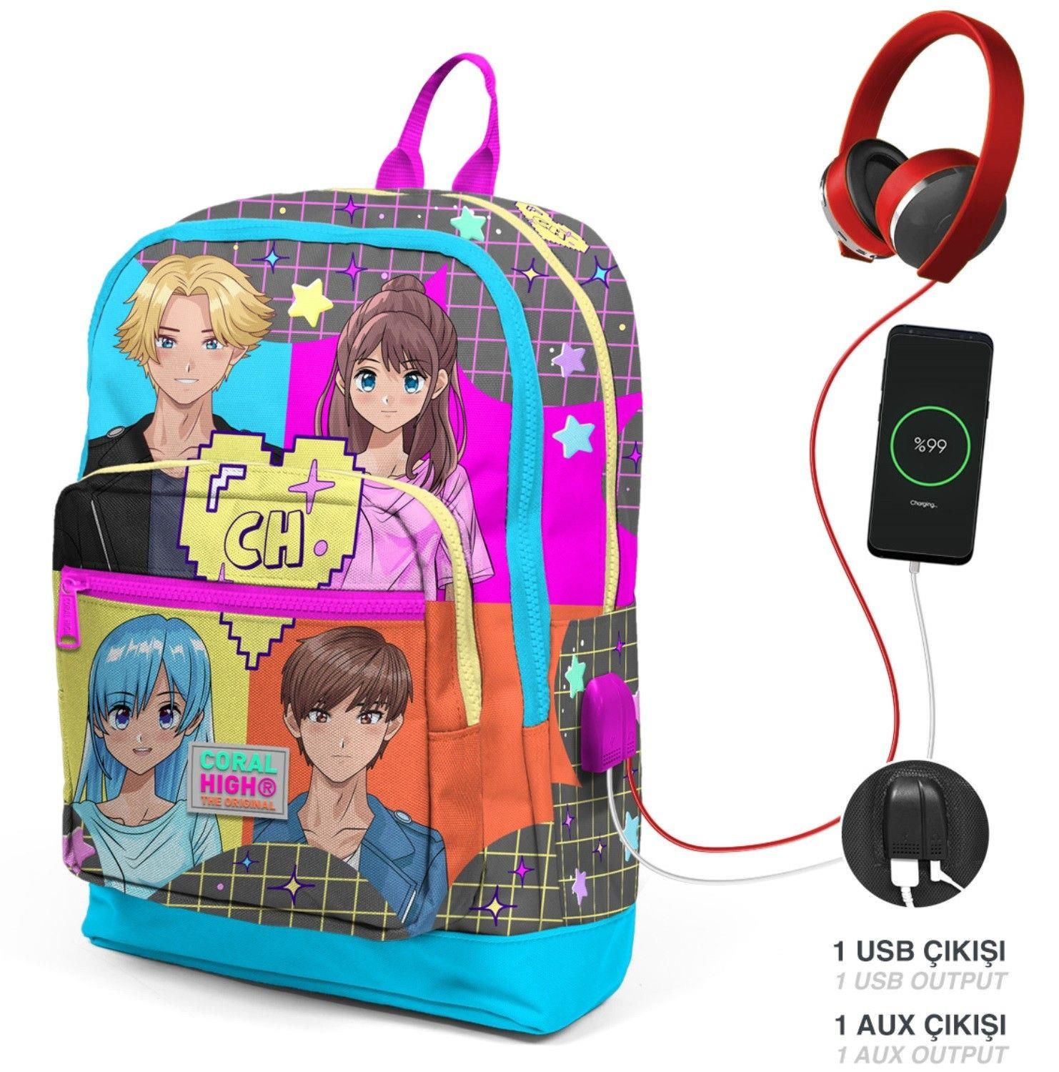 Coral High Mavi Pembe Anime USB Soketli Üçlü İlkokul Çanta Seti - Kız Çocuk