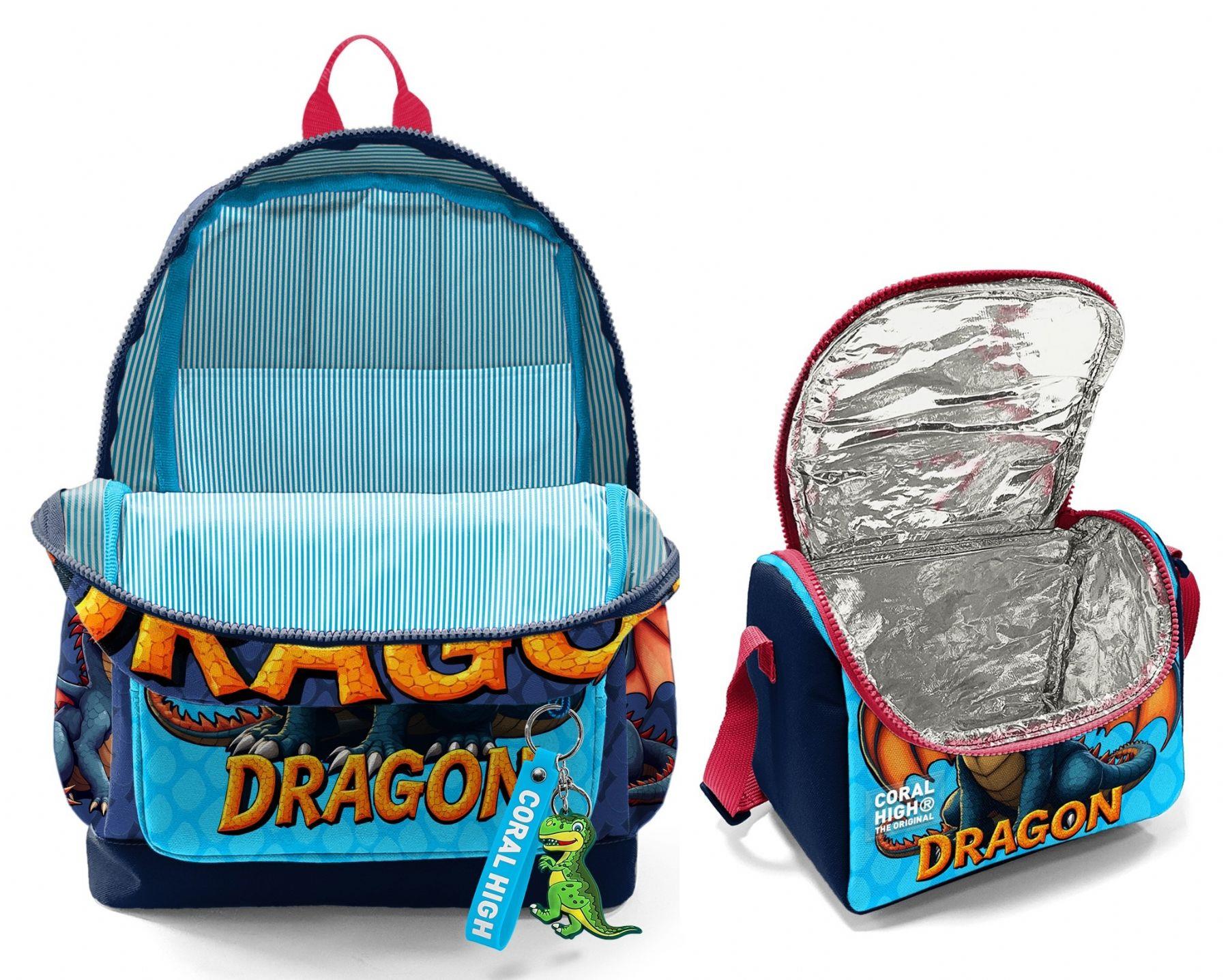 Coral High Mavi Sarı Dragon Desenli Erkek Çocuk Sırt Çantası ve Beslenme Çantası Seti (4 Gözlü Sırt Çantası)