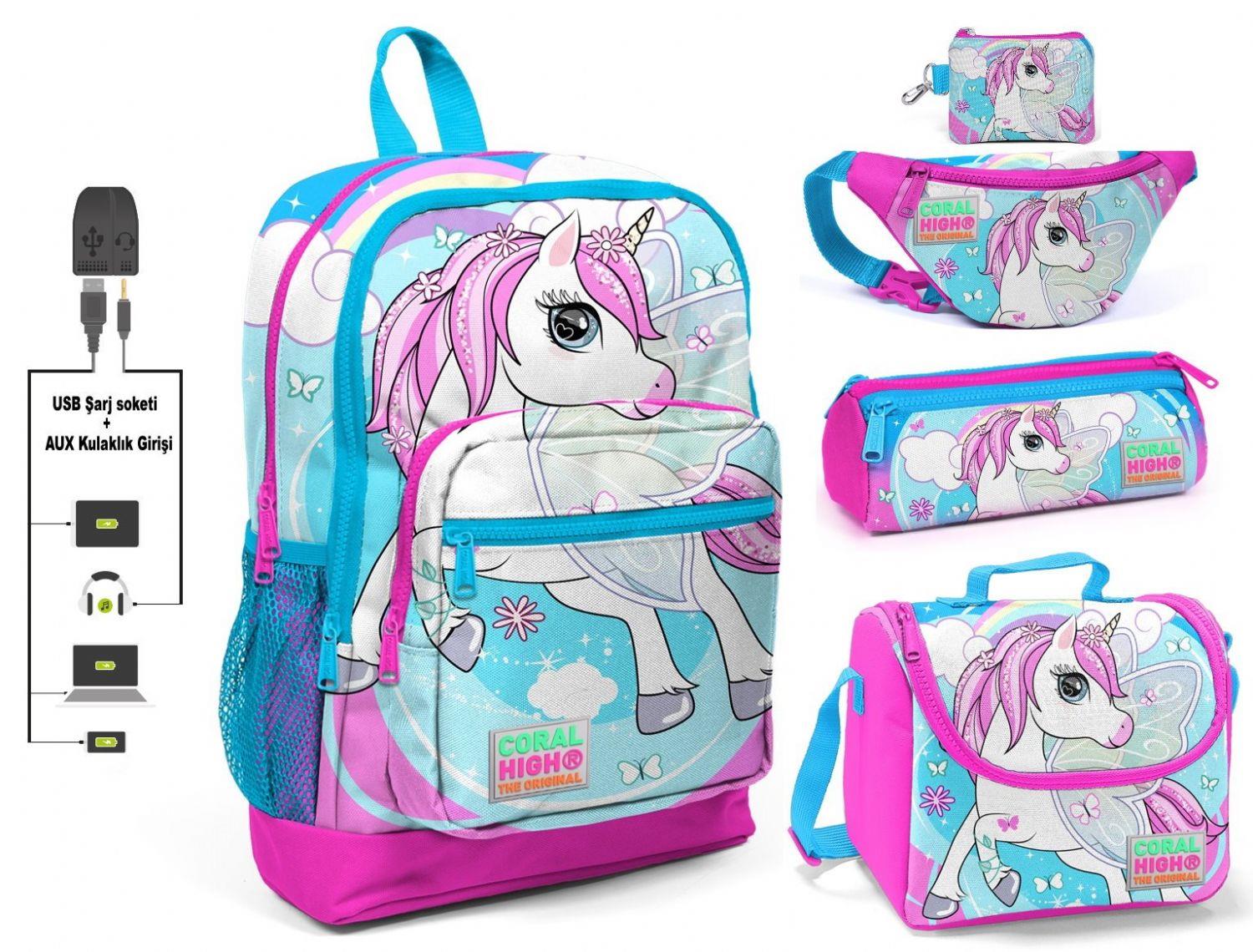 Coral High Mavi Unicorn Baskılı Kız Çocuk İlkokul 5'li Çanta Seti - USB Soketli