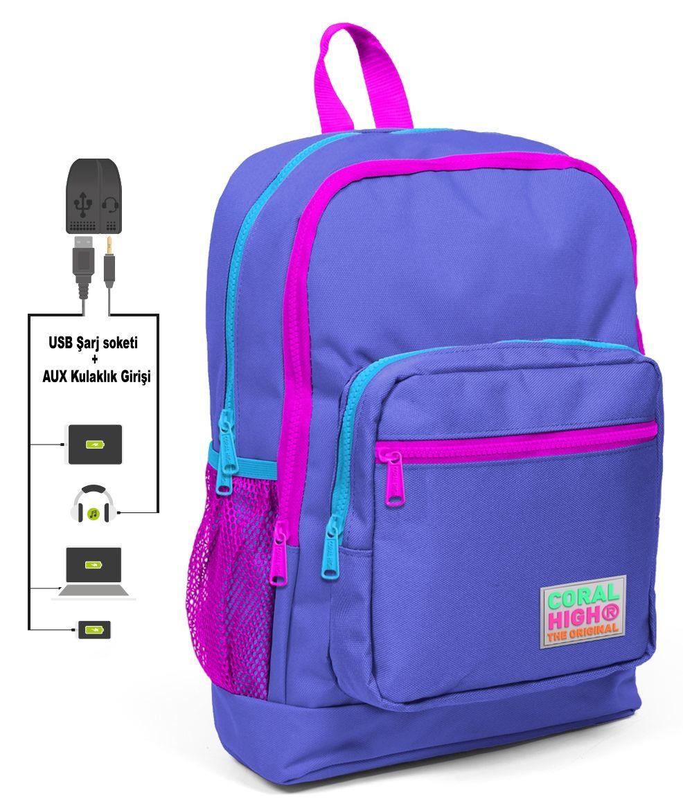 Coral High Mor Okul Çantası ve Beslenme Çantası Seti - USB Soketli