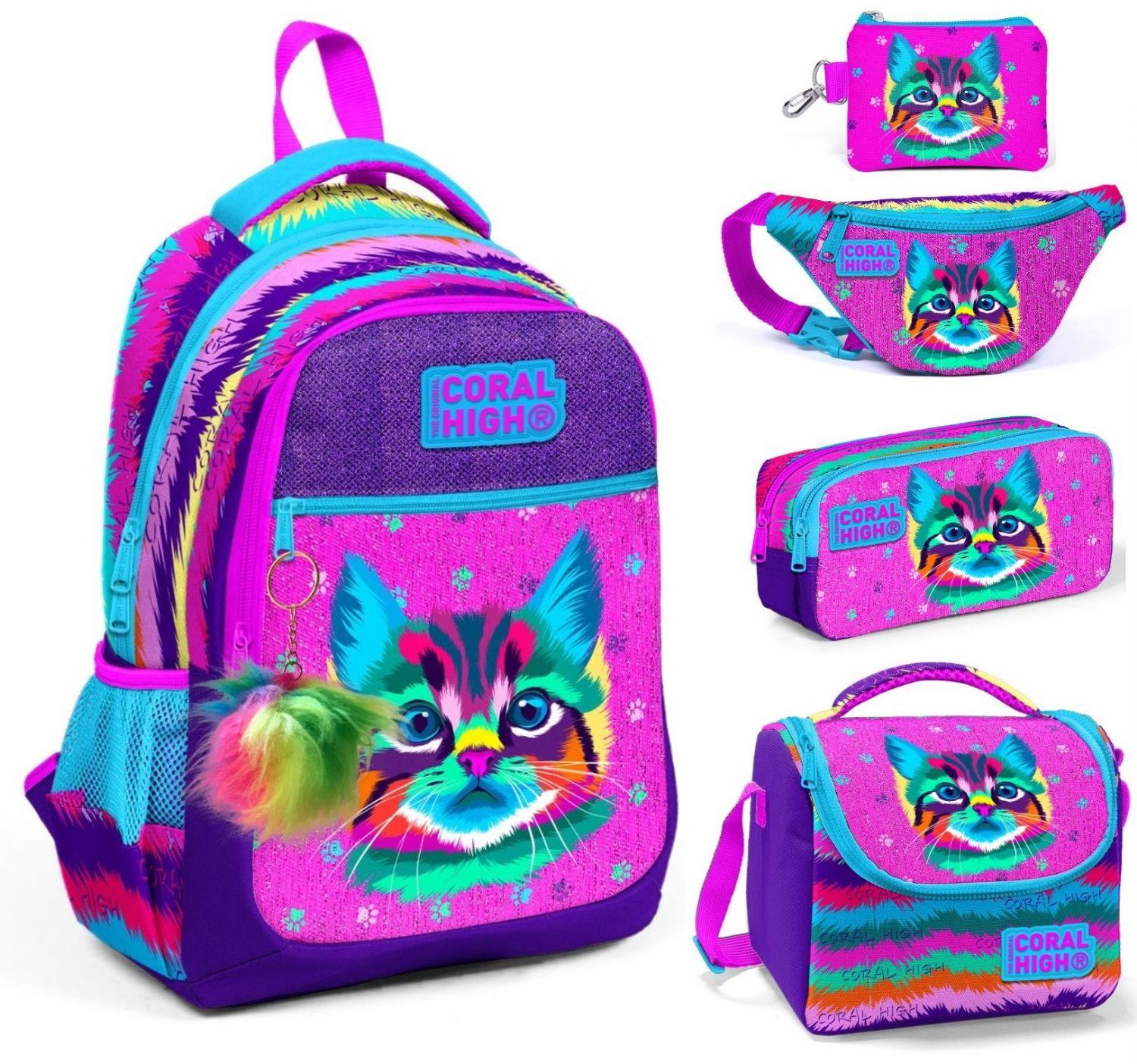 Coral High Mor Pembe Kedi Beşli Okul ve Günlük Çanta Seti - Kız Çocuk