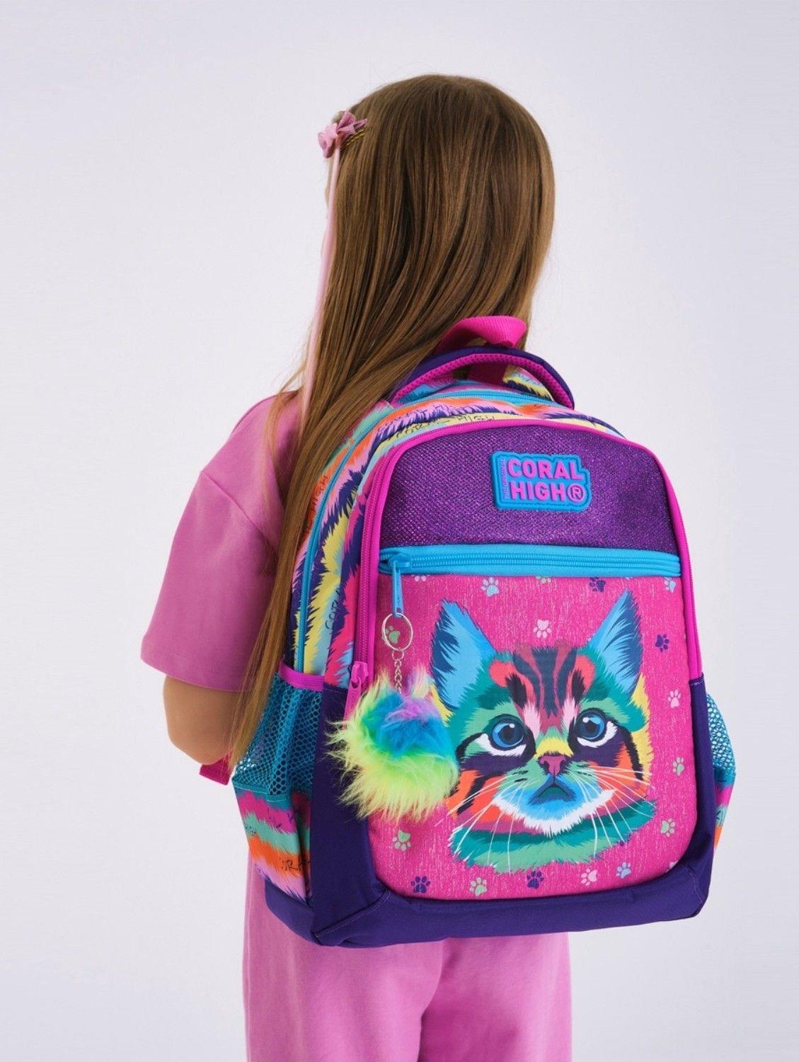 Coral High Mor Pembe Kedi Okul Sırt ve Beslenme Çantası Seti - Kız