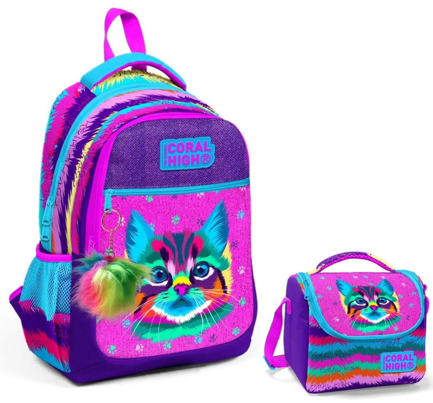 Coral High Mor Pembe Kedi Okul Sırt ve Beslenme Çantası Seti - Kız