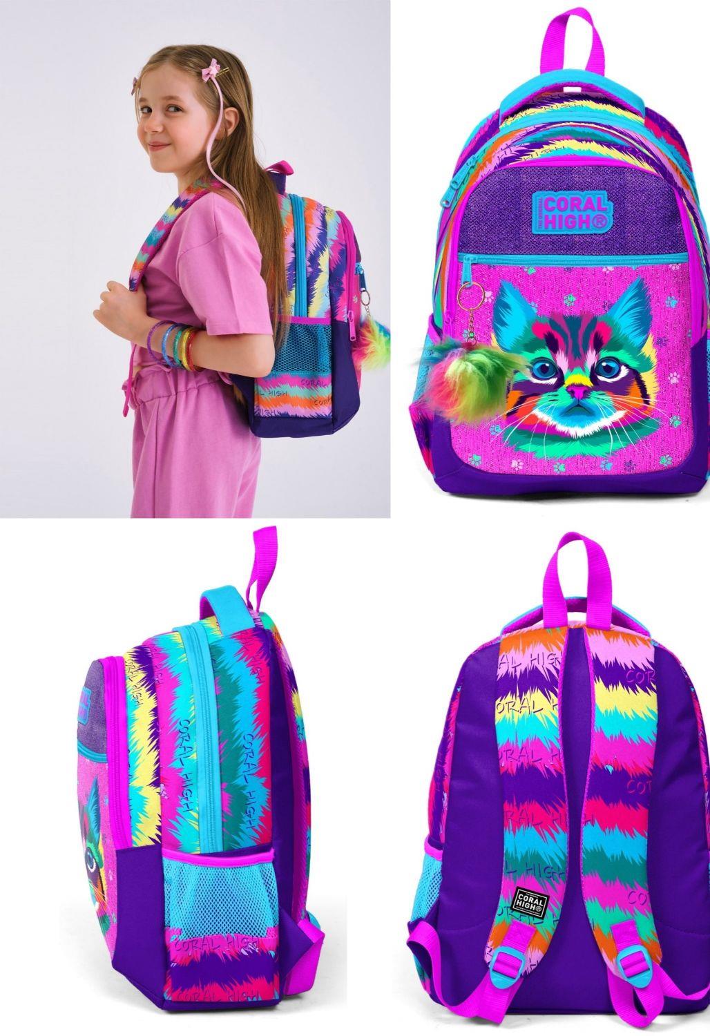 Coral High Mor Pembe Kedi Okul Sırt ve Beslenme Çantası Seti - Kız