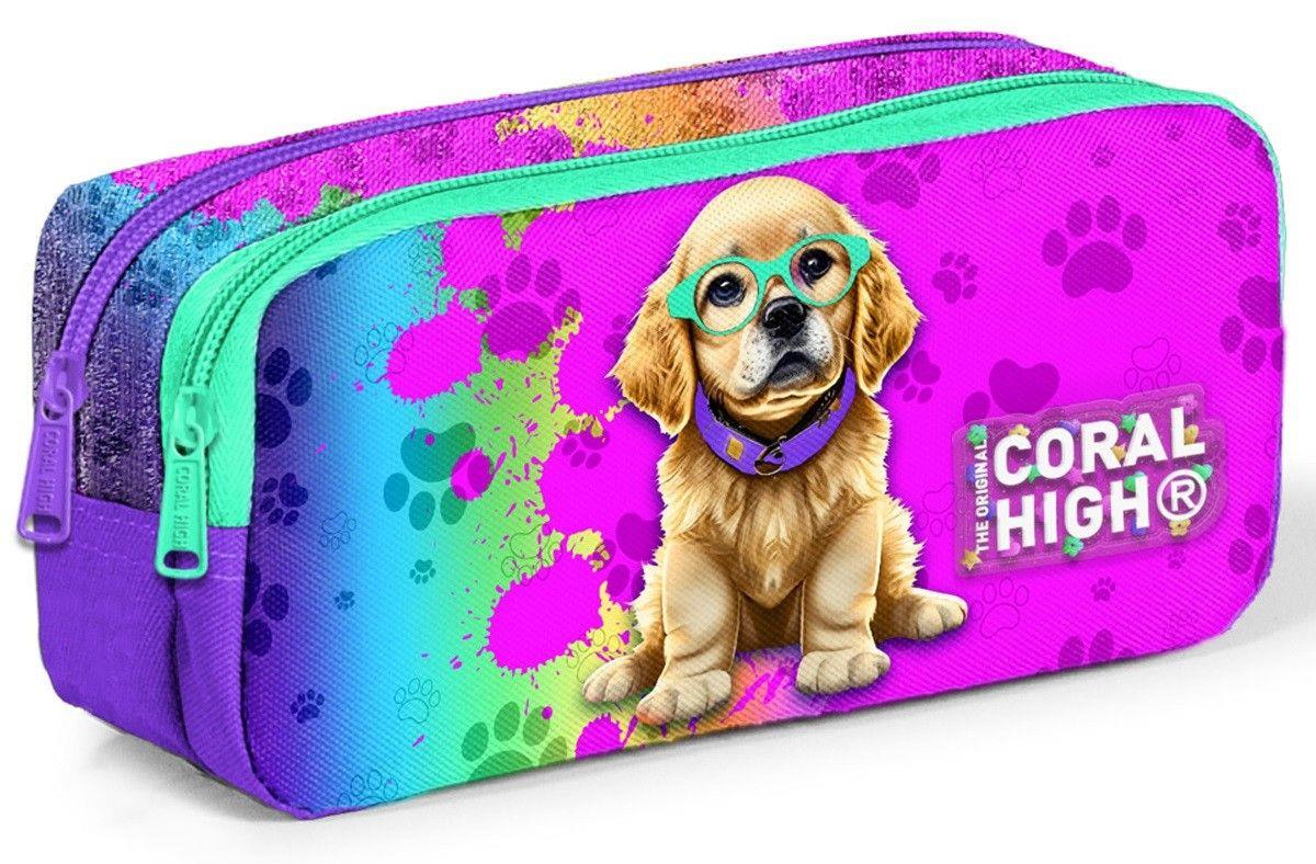 Coral High Mor Pembe Köpek Desenli Kız Çocuk Isı Yalıtımlı Beslenme Çantası ve Kalemlik Seti