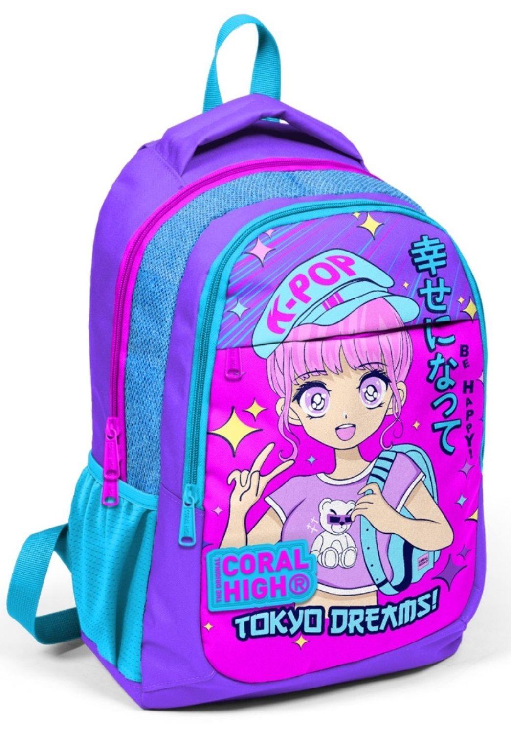 Coral High Mor Pembe Mavi K-Pop İlkokul ve Ortaokul Sırt Çantası Üç Bölmeli