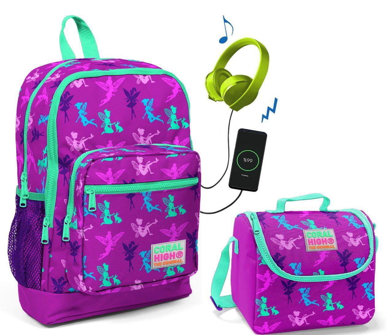 Coral High Mor Peri Baskılı Okul Çantası ve Beslenme Çantası Seti - USB Soketli - Kız Çocuk