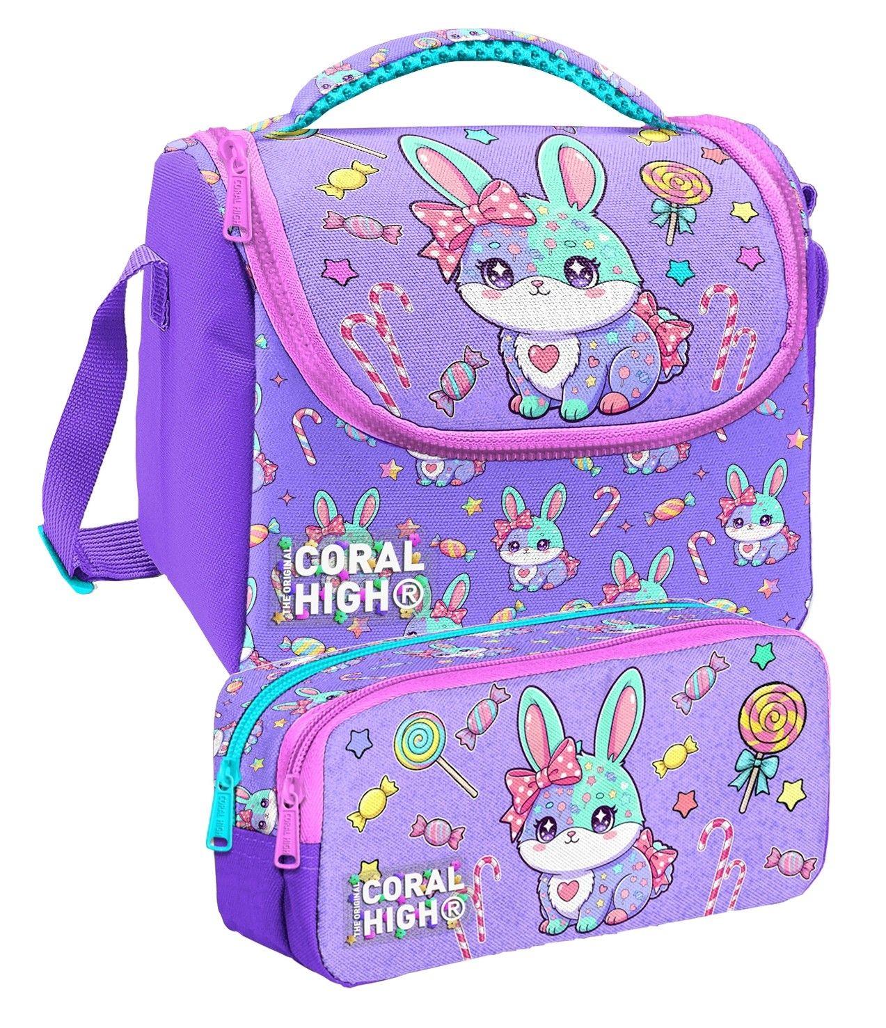 Coral High Mor Sevimli Tavşan Baskılı Kız Çocuk Beslenme ve Kalem Çantası Seti (37155+31055)
