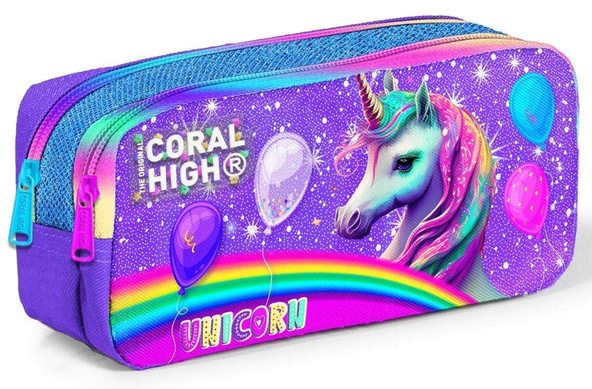 Coral High Mor Simli Unicorn İki Bölmeli Kalem Çantası - Kız Çocuk
