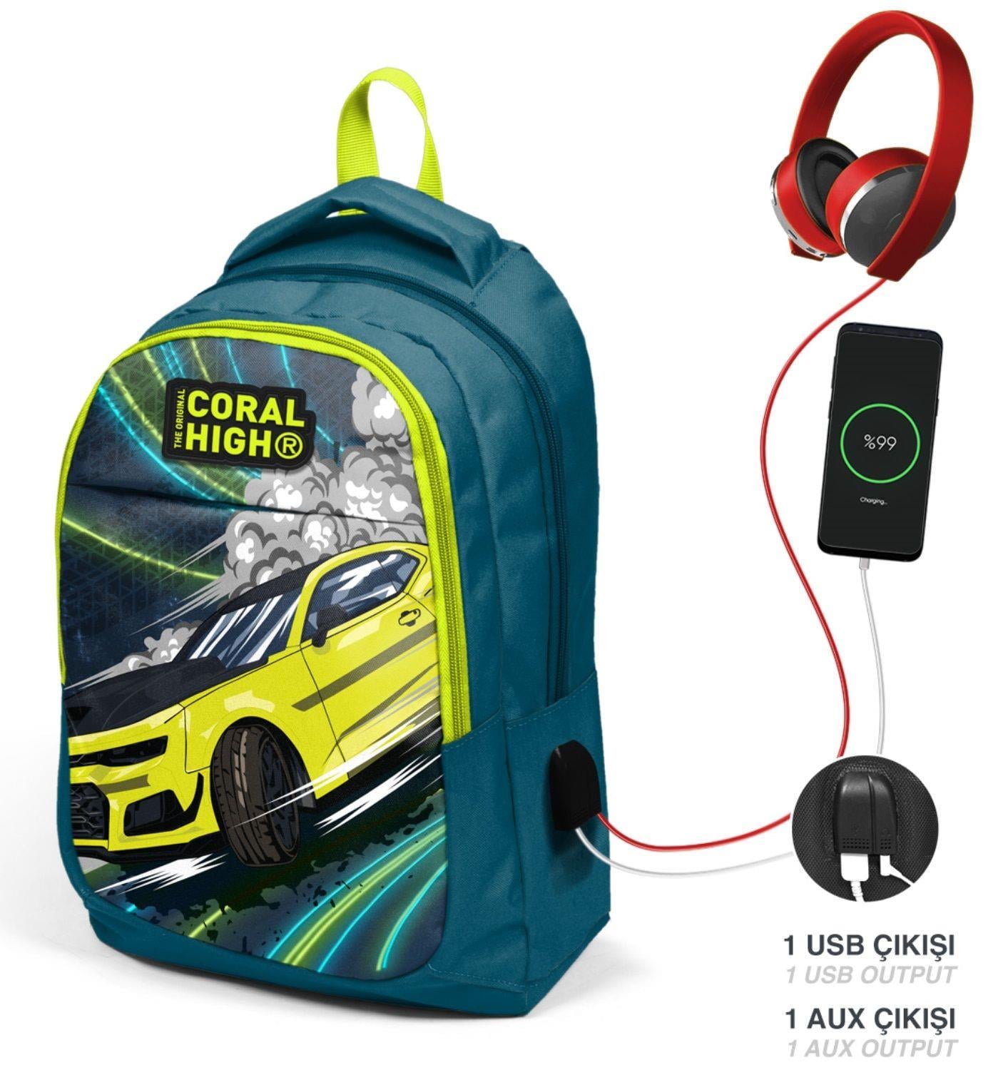 Coral High Nefti Sarı Araba USB Çıkışlı İlkokul ve Ortaokul Sırt Çantası