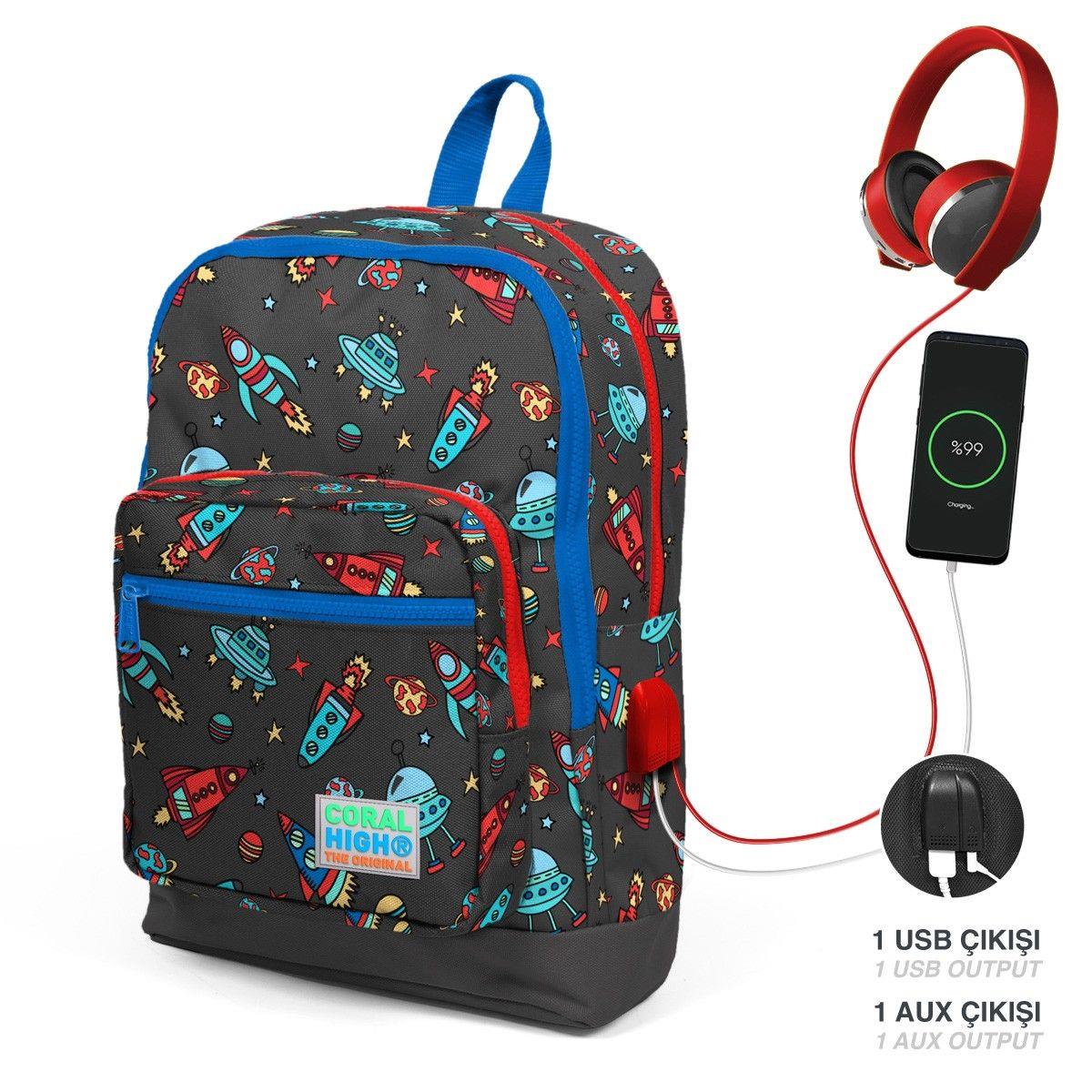 Coral High Okul Çantası ve Beslenme Çantası Seti - Gri Mavi Uzay - USB Soketli - Erkek Çocuk