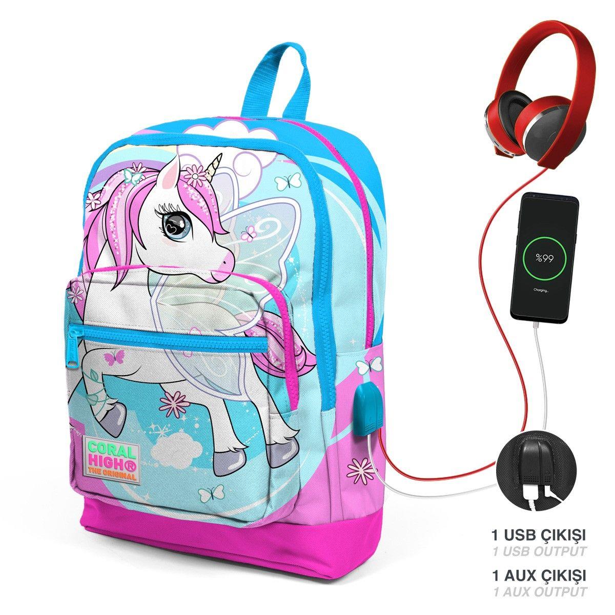 Coral High Okul Çantası ve Beslenme Çantası Seti - Kız Çocuk Mavi Unicorn- USB Soketli