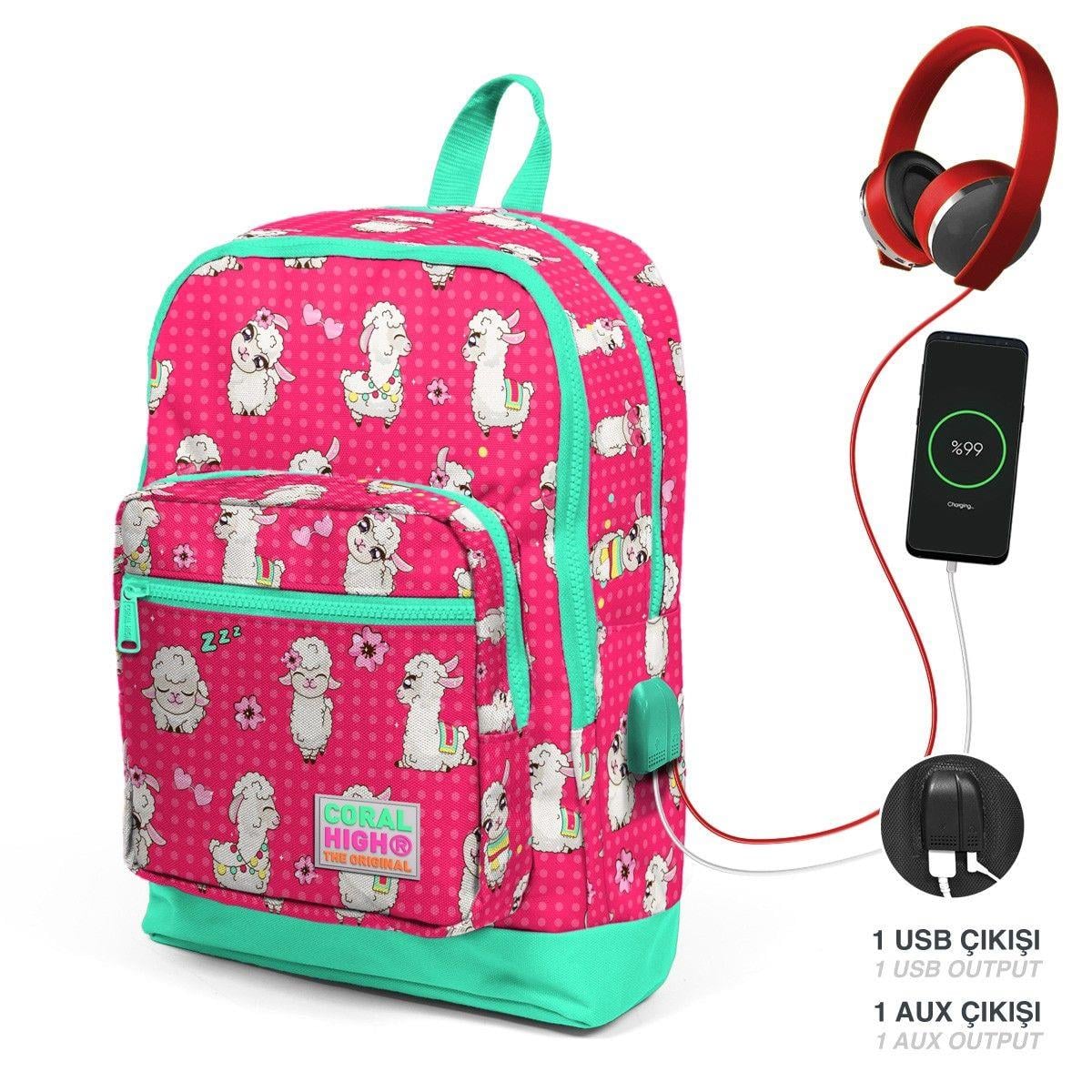 Coral High Okul Çantası ve Beslenme Çantası Seti - Yeşil Kırmızı Lama - USB Soketli - Kız Çocuk