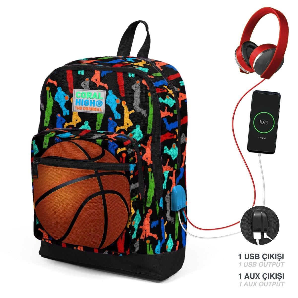 Coral High Okul Çantası ve Beslenme Çantası Seti - Siyah Turuncu Basketbol - USB Soketli - Erkek Çocuk