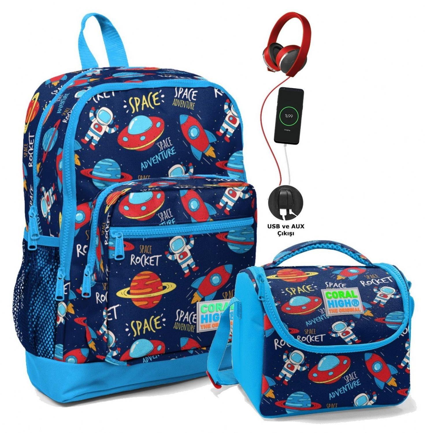 Coral High Okul Çantası ve Beslenme Çantası Seti - Mavi Lacivert Uzay - USB Soketli - Erkek Çocuk