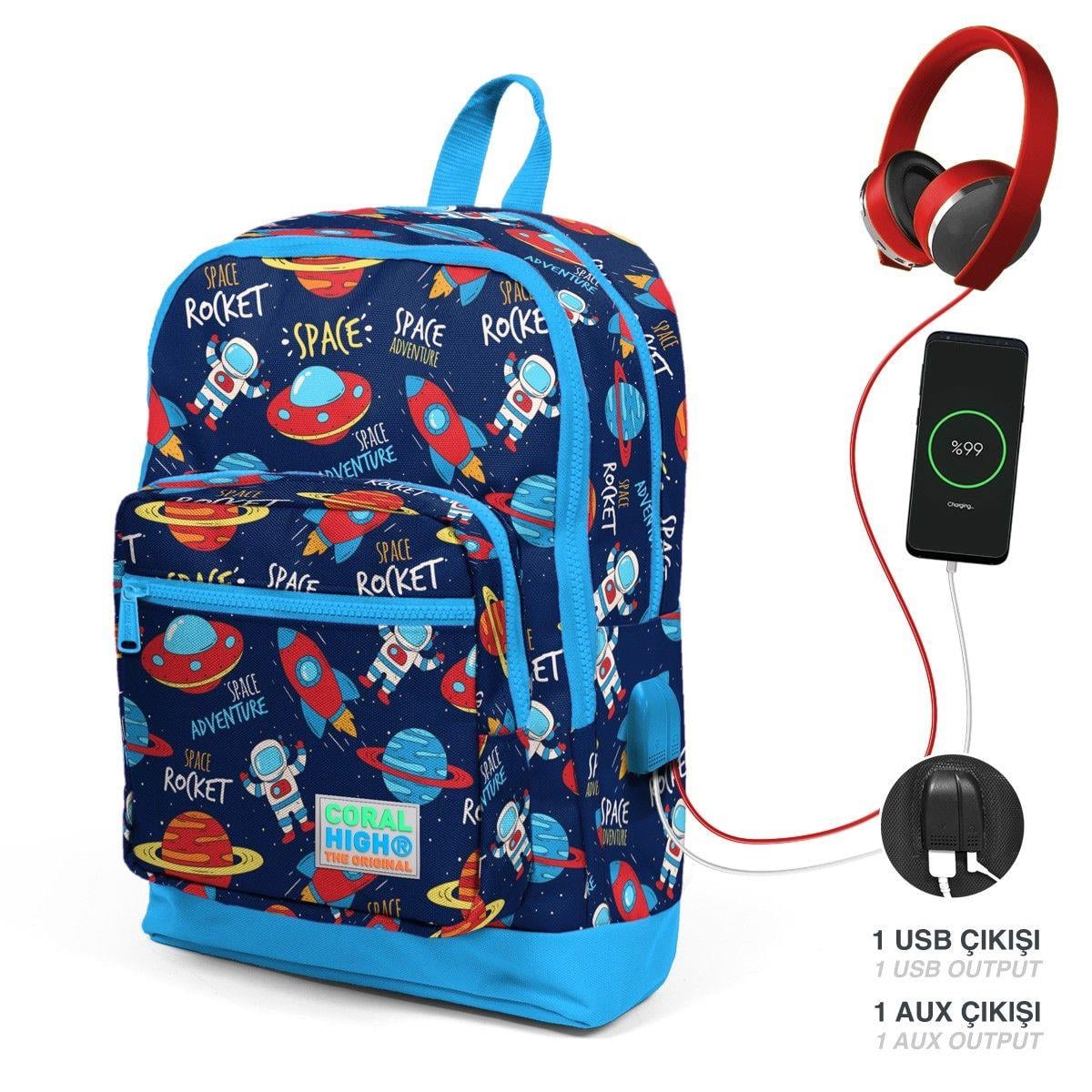 Coral High Okul Çantası ve Beslenme Çantası Seti - Mavi Lacivert Uzay - USB Soketli - Erkek Çocuk