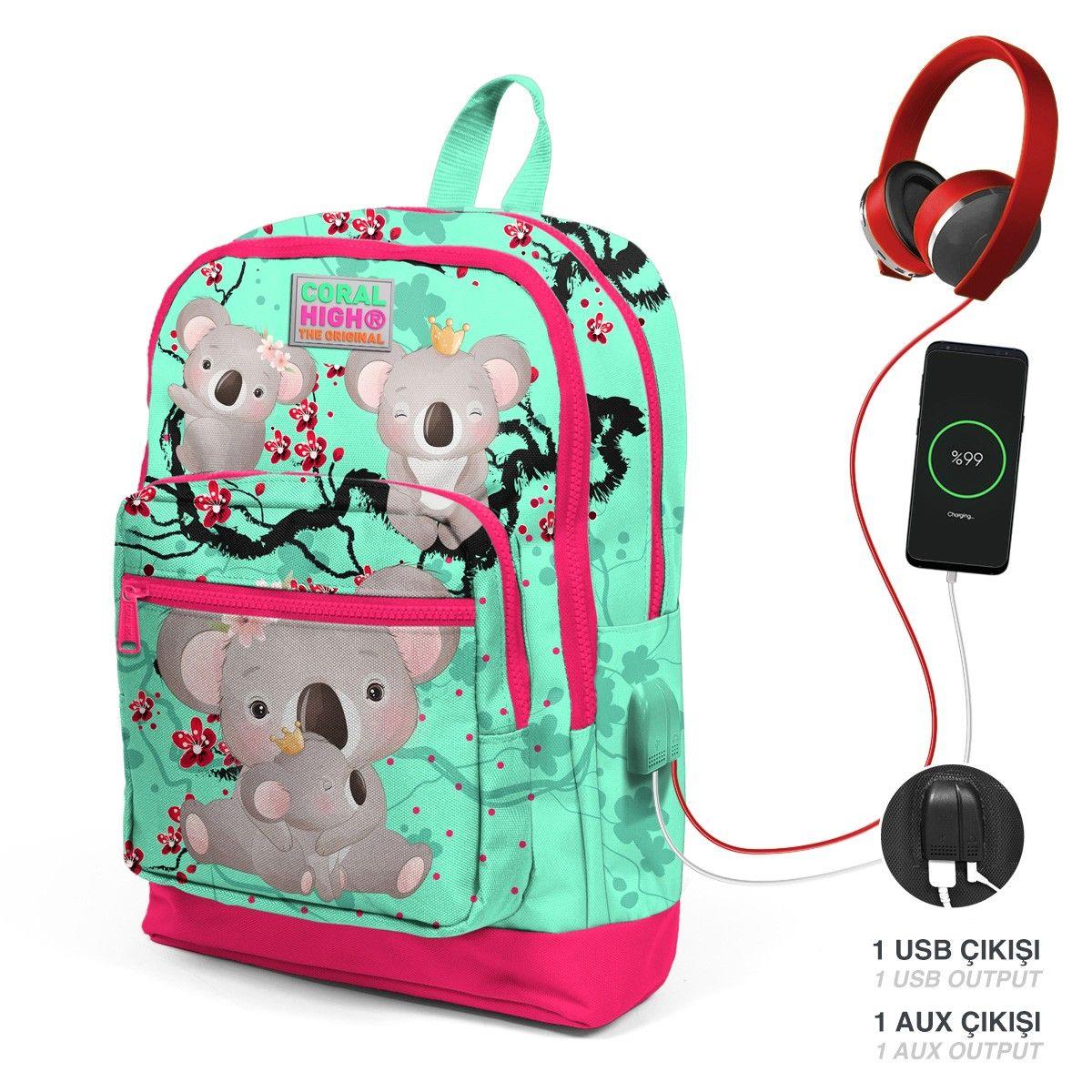 Coral High Okul Çantası ve Beslenme Çantası Seti - Kız Çocuk Yeşil Koala - USB Soketli