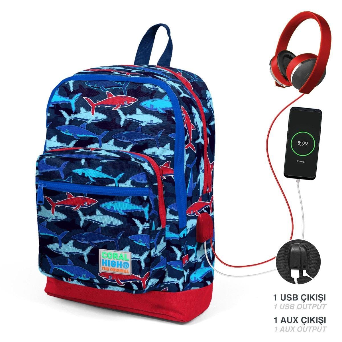 Coral High Okul Çantası ve Termal Beslenme Çanta Seti - Erkek Çocuk Mavi Köpekbalığı USB ve AUX Çıkışlı