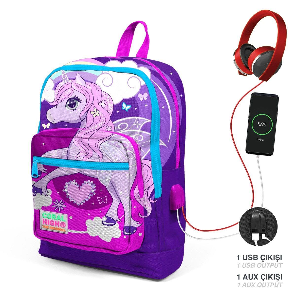Coral High Okul Çantası ve Termal Beslenme Çanta Seti - Kız Çocuk Mavi Mor Unicorn USB ve AUX Çıkışlı