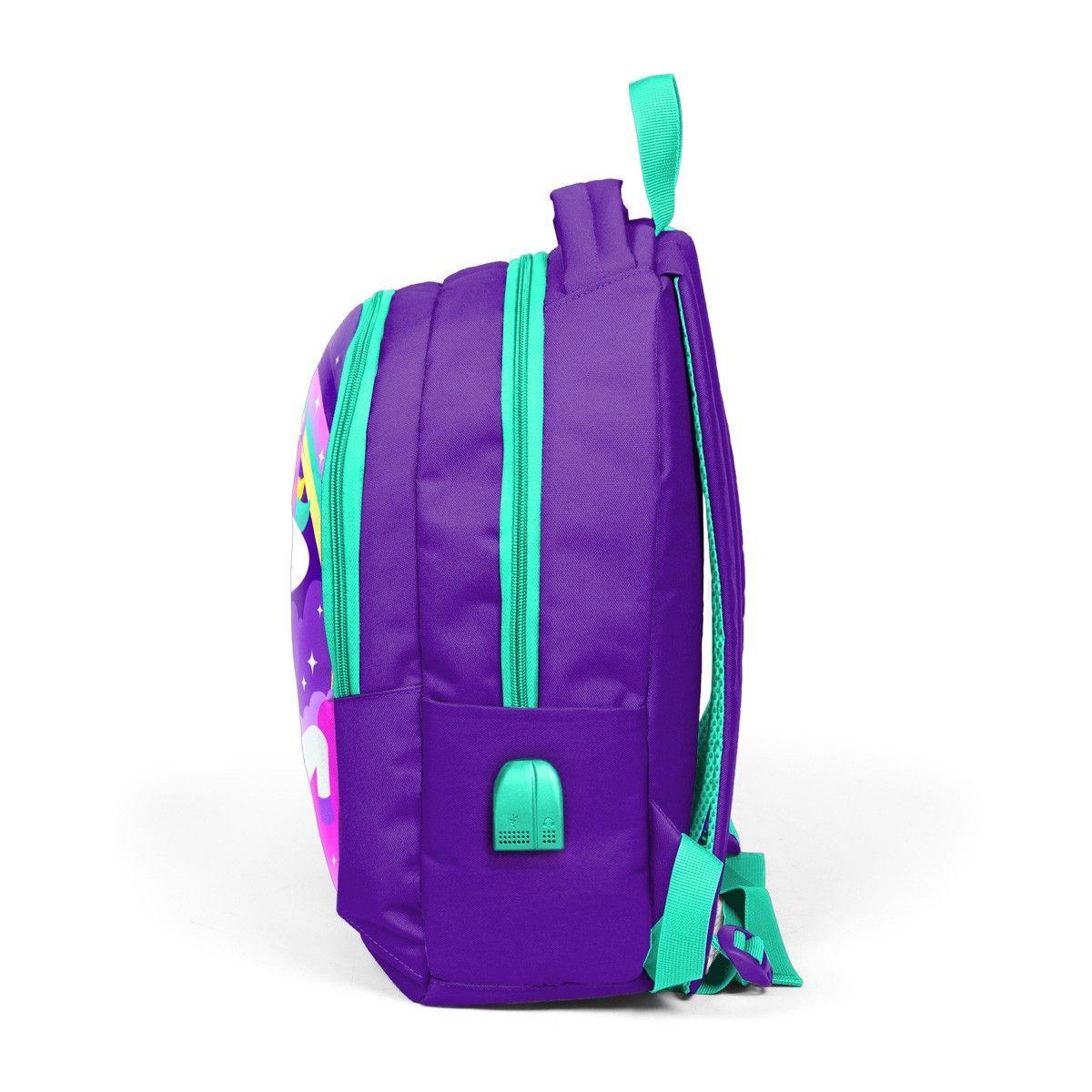 Coral High Okul Sırt Çantası ve Beslenme Çantası Seti - Mor Unicorn - USB Soketli - Kız Çocuk