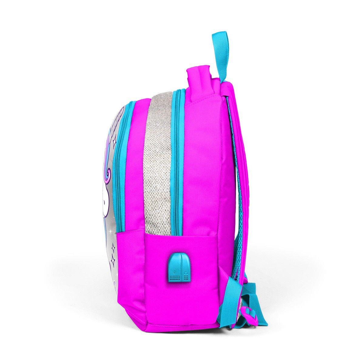 Coral High Okul Sırt Çantası ve Beslenme Çantası Seti - Pembe Unicorn - USB Soketli - Kız Çocuk