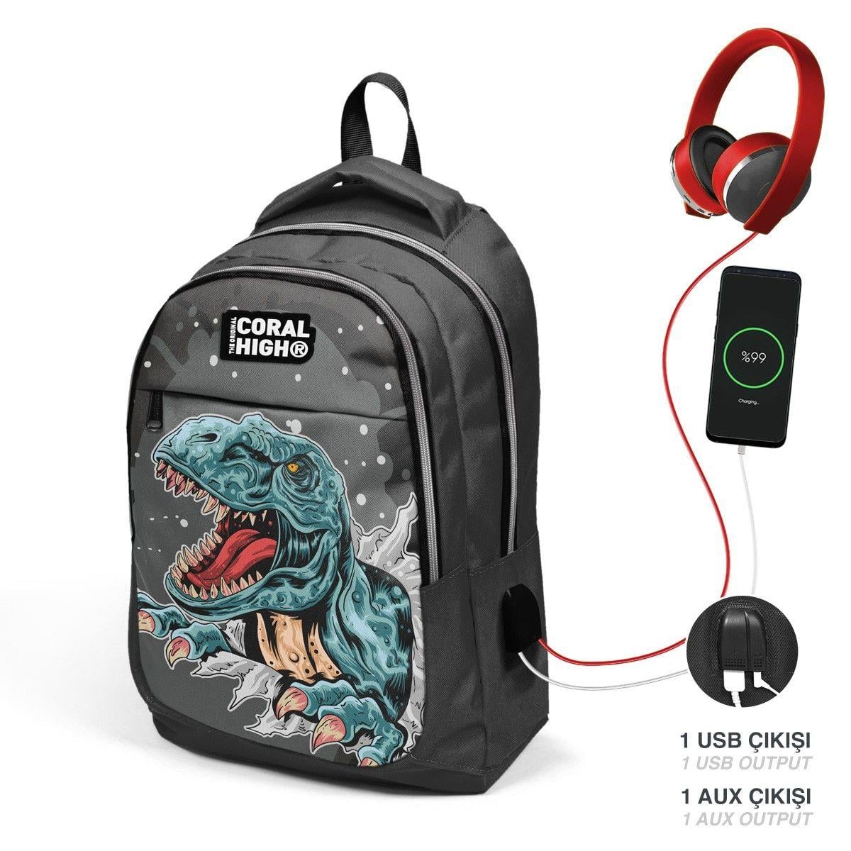 Coral High Okul Sırt Çantası ve Beslenme Çantası Seti - Siyah Dinazor - USB Soketli - Erkek Çocuk