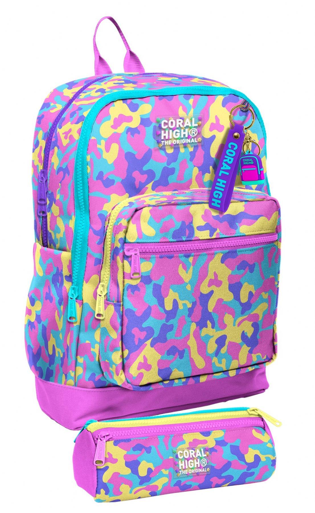 Coral High Okul Sırt Çantası ve Kalemlik Seti - Pembe Sarı Kamuflaj Kız Çocuk SETYGN33201C