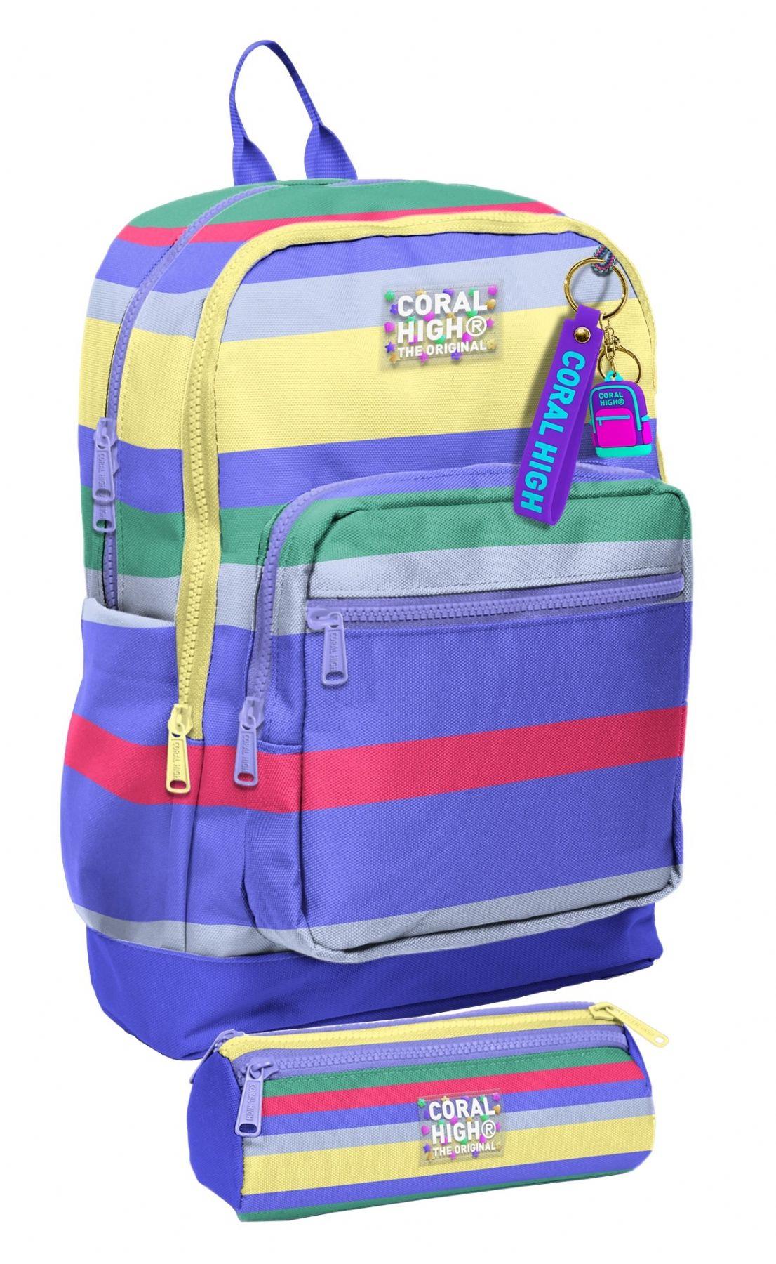 Coral High Okul Sırt Çantası ve Kalemlik Seti - Renkli Çizgi Desenli Kız Çocuk SETYGN33202C