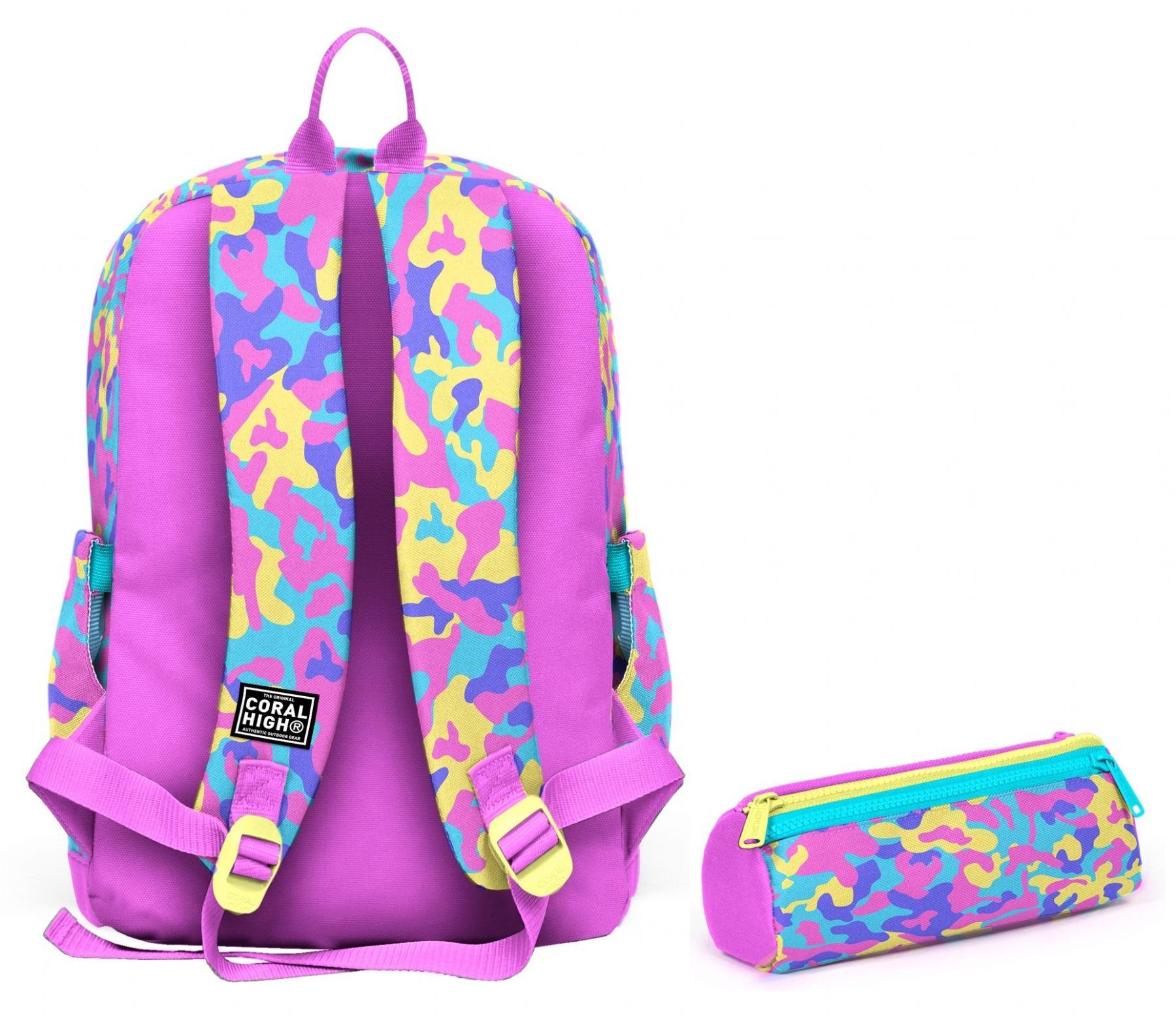 Coral High Okul Sırt Çantası ve Kalemlik Seti - Pembe Sarı Kamuflaj Kız Çocuk SETYGN33201C