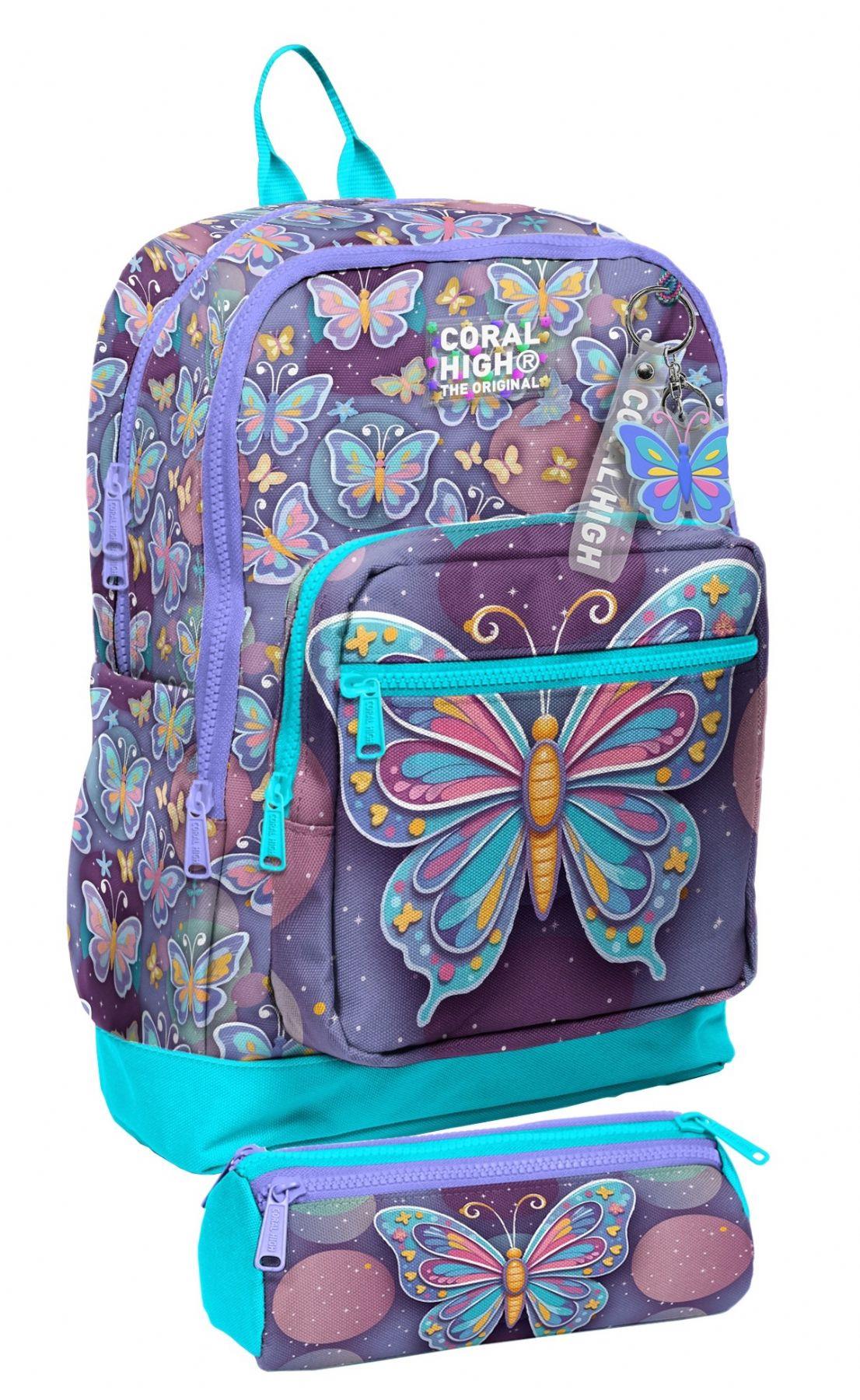 Coral High Okul Sırt Çantası ve Kalemlik Seti - Pastel Renkli Kelebek Desenli Kız Çocuk SETYGN33206C