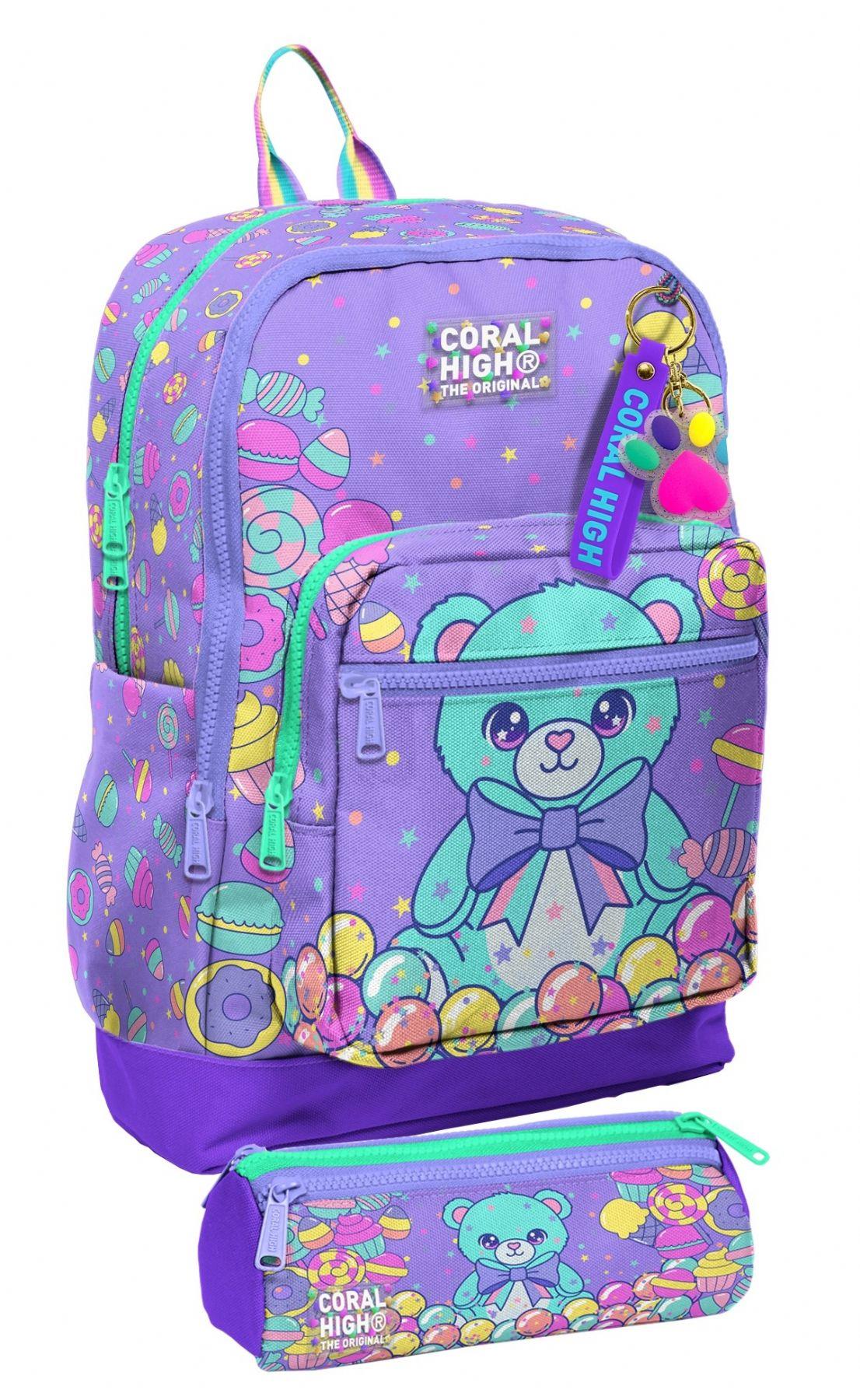 Coral High Okul Sırt Çantası ve Kalemlik Seti - Mor Yeşil Ayıcık Desenli Kız Çocuk SETYGN33205C