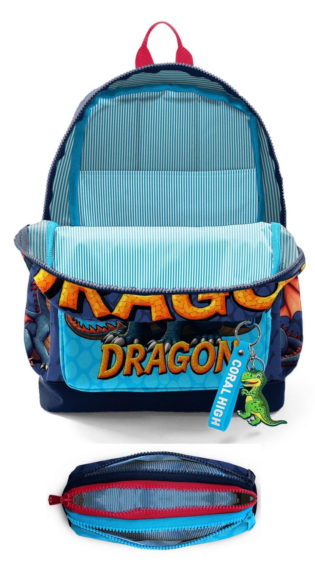 Coral High Okul Sırt Çantası ve Kalemlik Seti - Mavi Sarı Dragon Desenli Erkek Çocuk SETYGN33213C