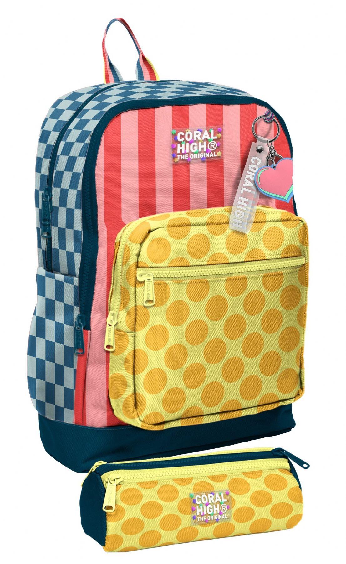 Coral High Okul Sırt Çantası ve Kalemlik Seti - Sarı Pembe Yeşil Puantiyeli Kız Çocuk SETYGN33204C