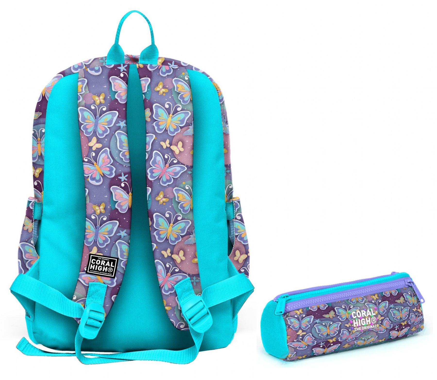 Coral High Okul Sırt Çantası ve Kalemlik Seti - Pastel Renkli Kelebek Desenli Kız Çocuk SETYGN33206C