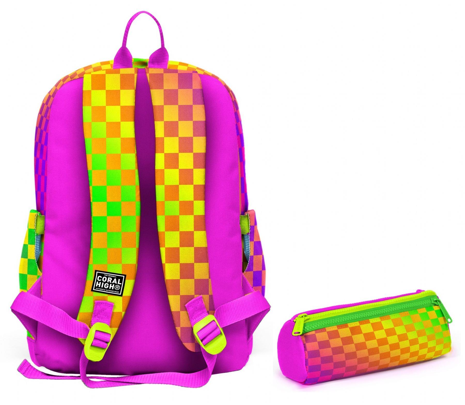 Coral High Okul Sırt Çantası ve Kalemlik Seti - Sarı Mor Dama Desenli Kız Çocuk SETYGN33203C