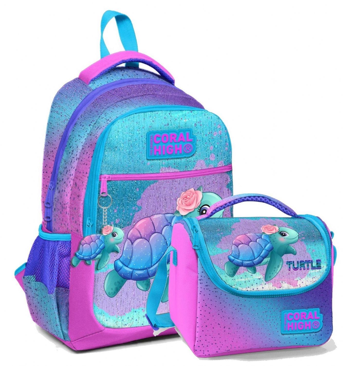 Coral High Okul Sırt ve Beslenme Çantası Seti - Pembe Mavi Kaplumbağa - Kız Çocuk
