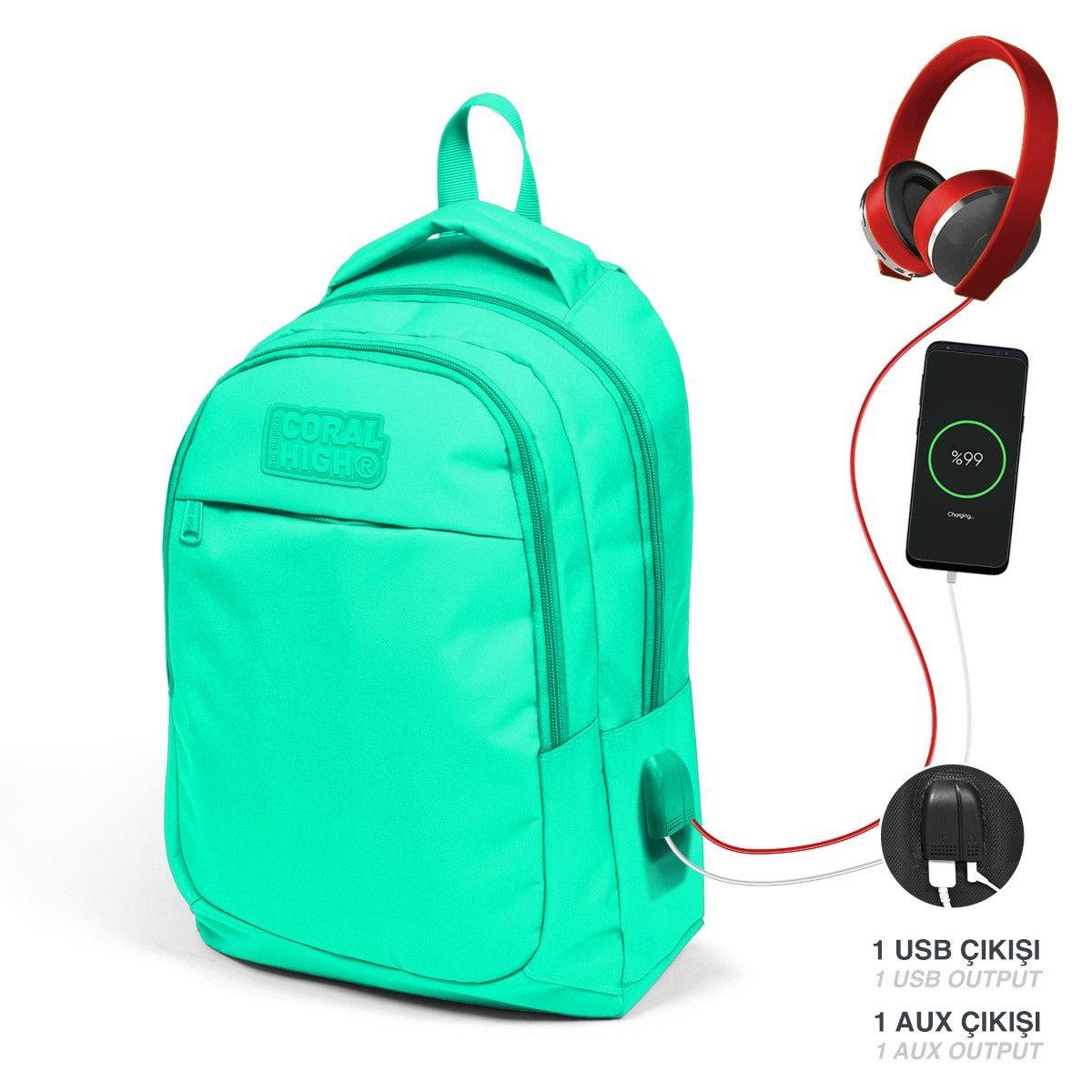 Coral High Okul ve Beslenme Çantası Seti - Kız Çocuk Su Yeşili - USB Soketli