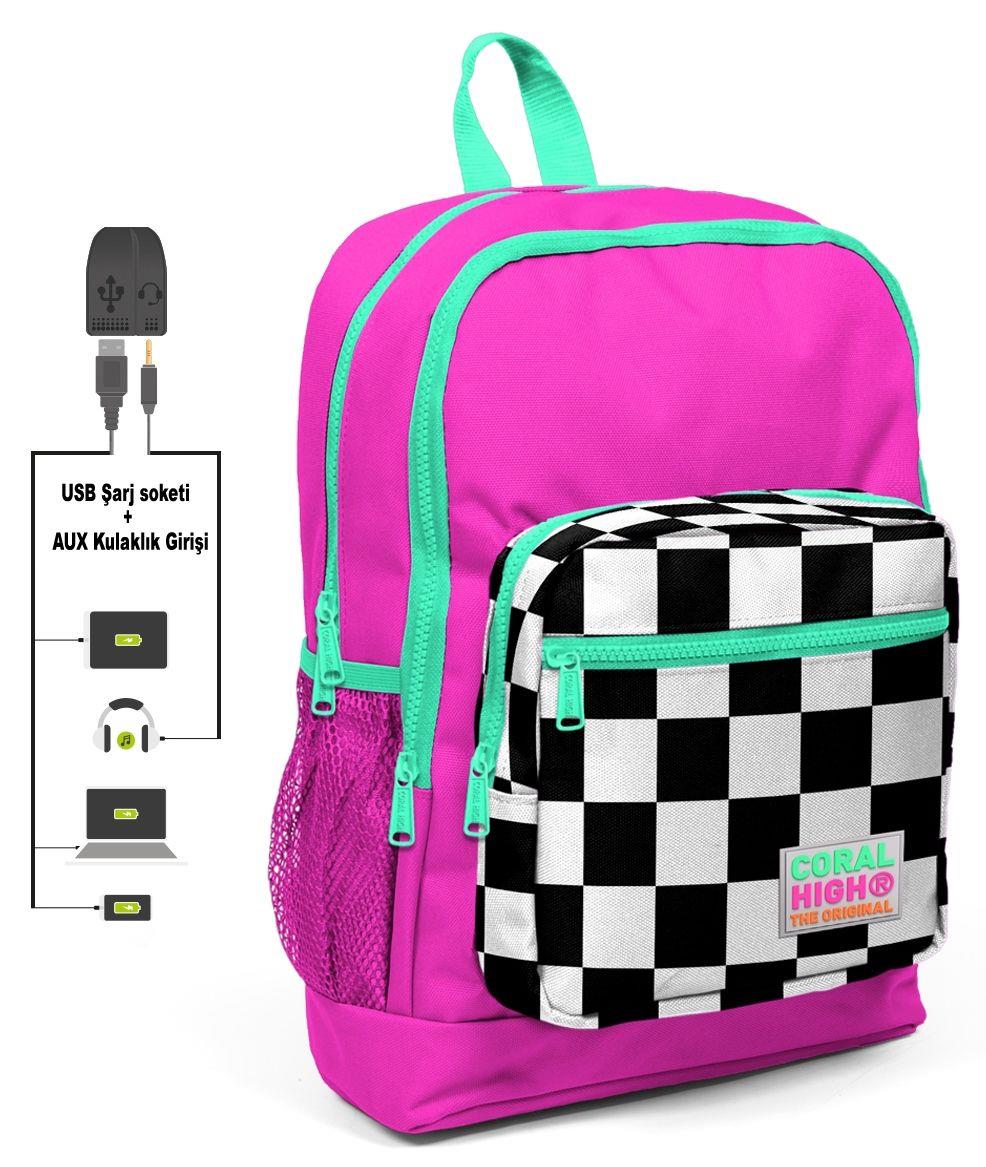 Coral High Pembe Damalı İlkokul Sırt Çantası ve Kalemlik Seti - USB Soketli - Kız Çocuk