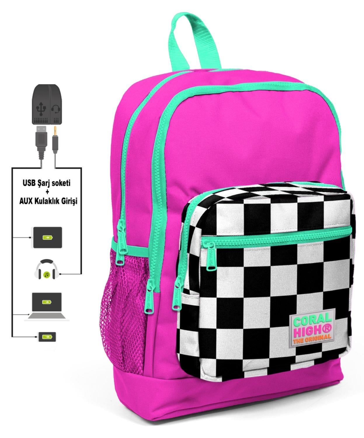Coral High Pembe Damalı İlkokul ve Günlük Sırt Çantası - Kız Çocuk - USB ve AUX Soketli