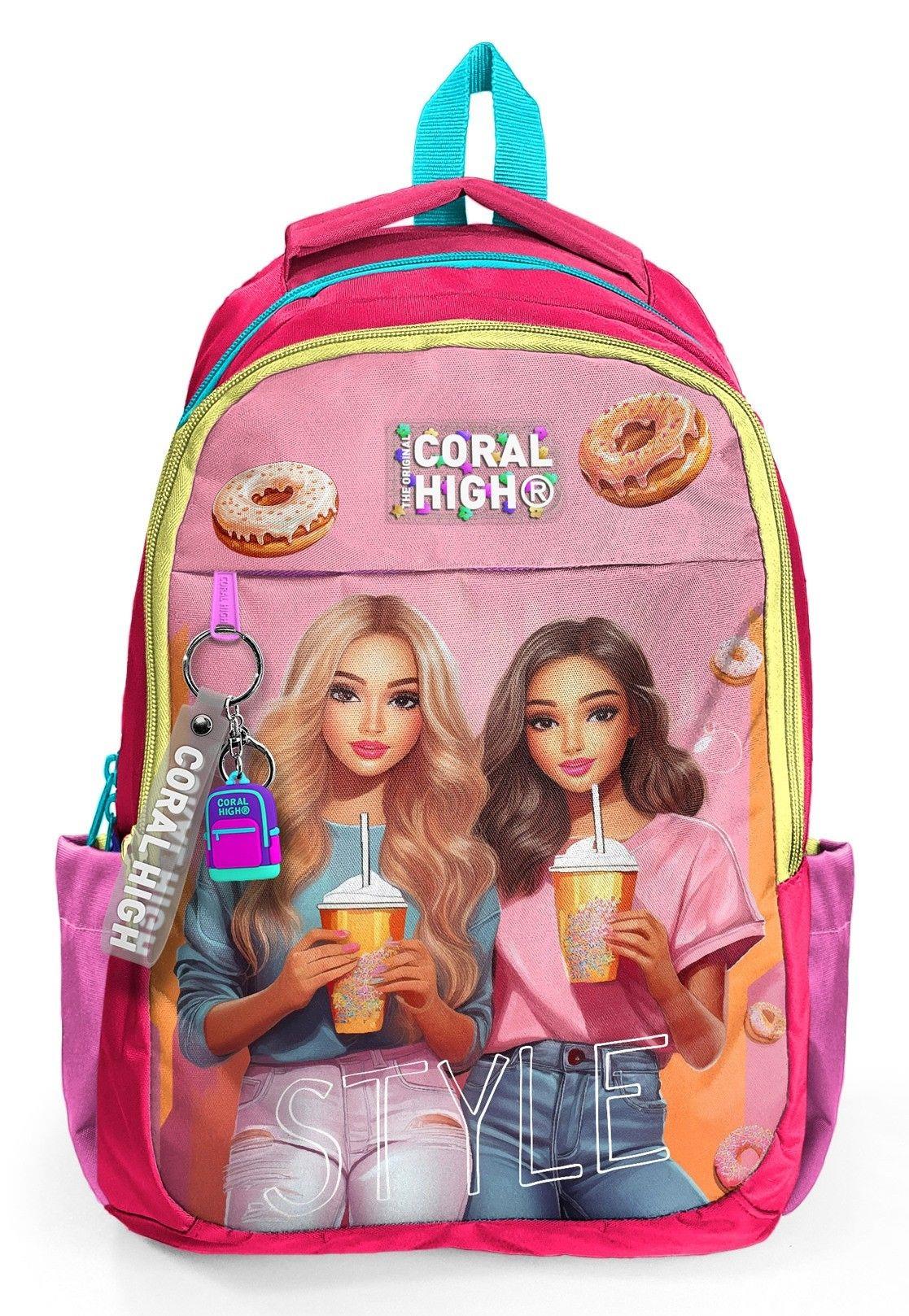 Coral High Pembe Fashion Girl Desenli Kız Çocuk İlkokul ve Ortaokul Sırt Çantası - Üç Bölmeli 23669