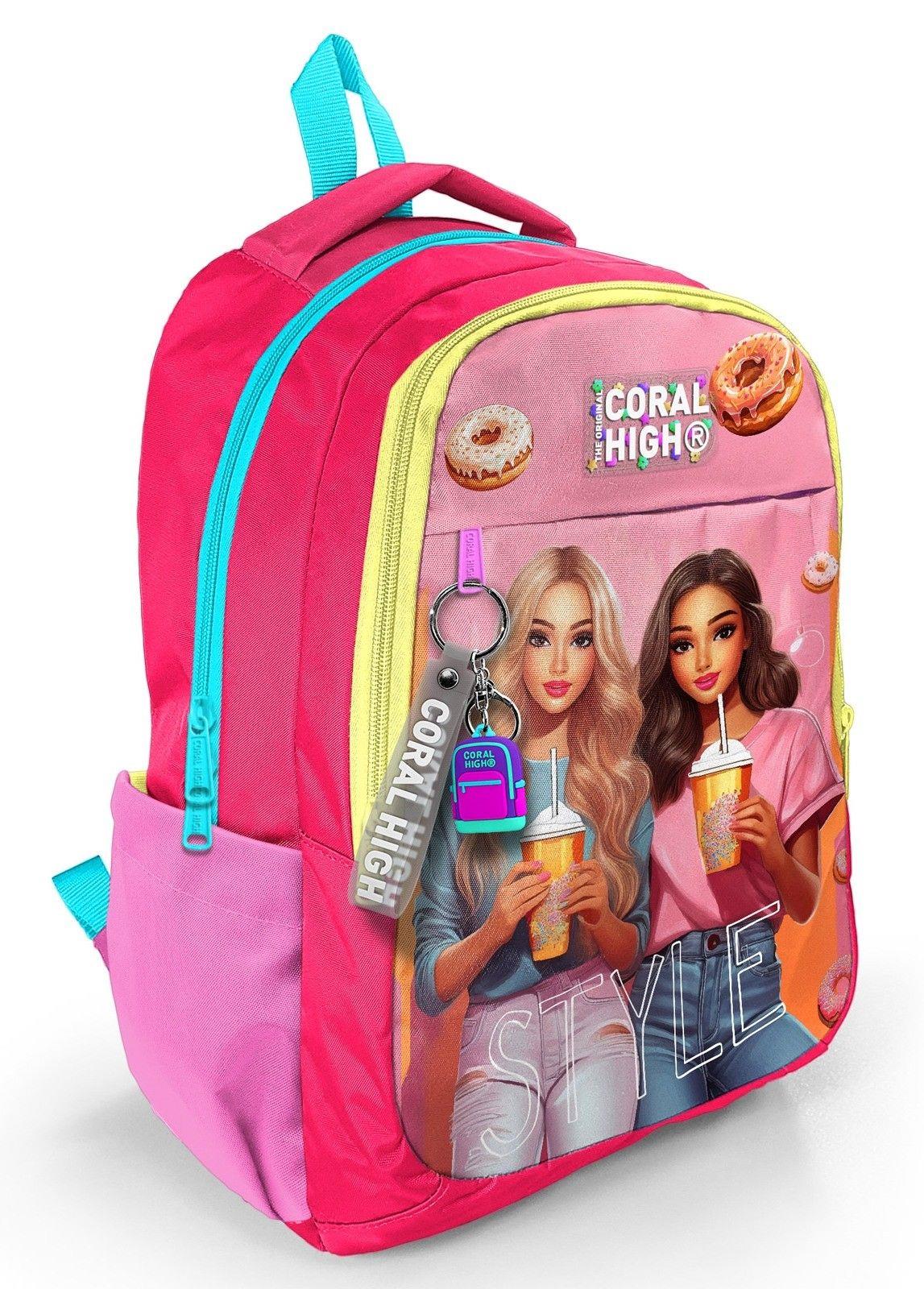 Coral High Pembe Fashion Girl Desenli Kız Çocuk İlkokul ve Ortaokul Sırt Çantası - Üç Bölmeli 23669