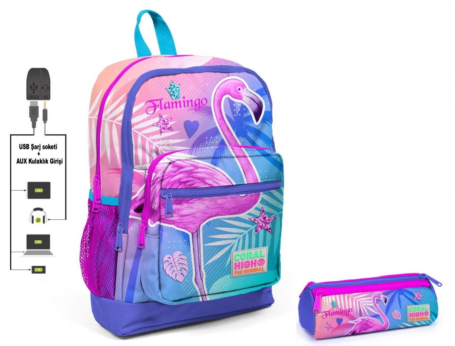 Coral High Pembe Flamingo Baskılı İlkokul Sırt Çantası ve Kalemlik Seti - USB Soketli