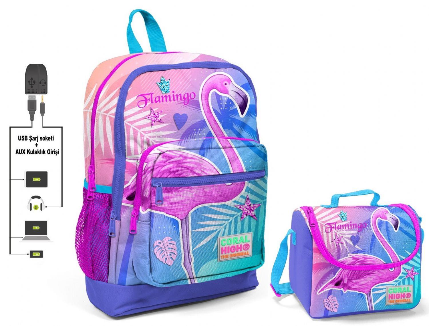 Coral High Pembe Flamingo Baskılı Okul Çantası ve Beslenme Çantası Seti - USB Soketli