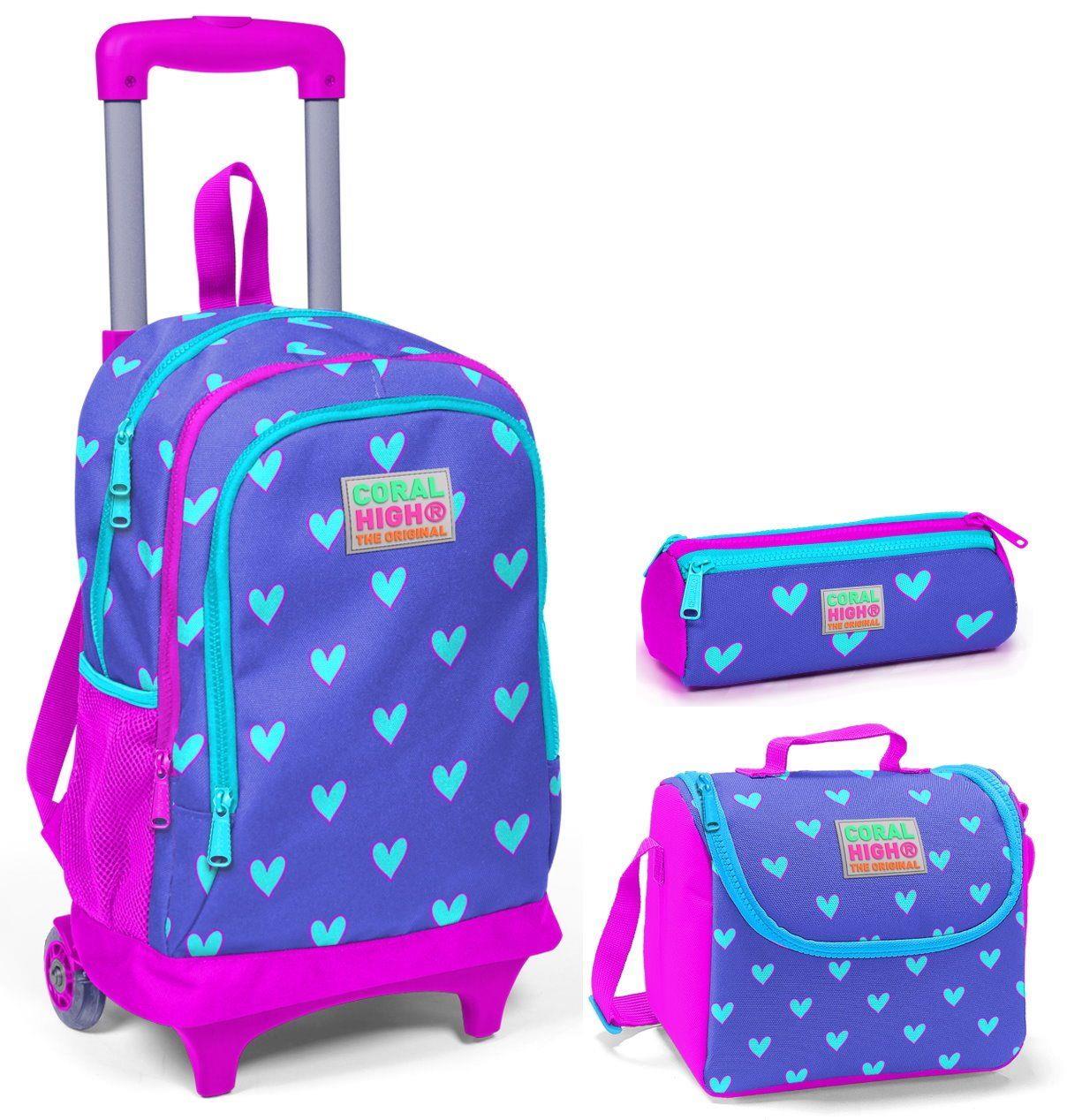 Coral High Pembe Kalp Çekçek Çanta Seti - Işıklı Tekerlekler - Kız Çocuk