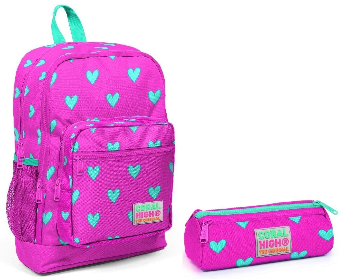 Coral High Pembe Kalp Desenli Okul Sırt Çantası ve Kalemlik Seti - Kız