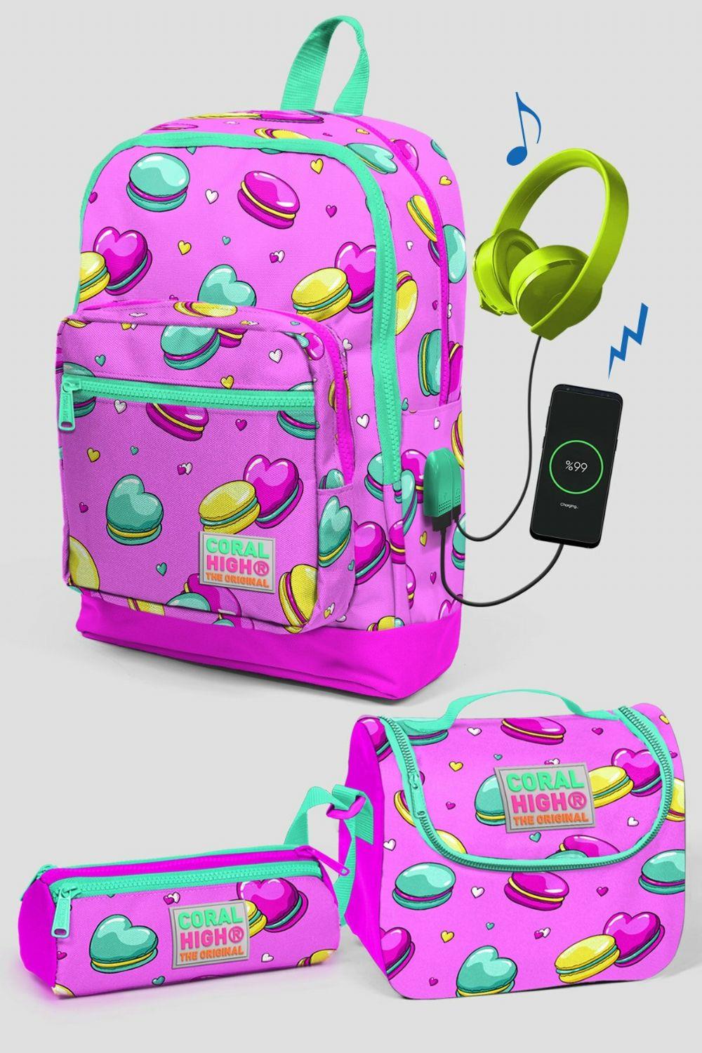 Coral High Pembe Makaron Desenli Okul Çanta Seti - Kız Çocuk