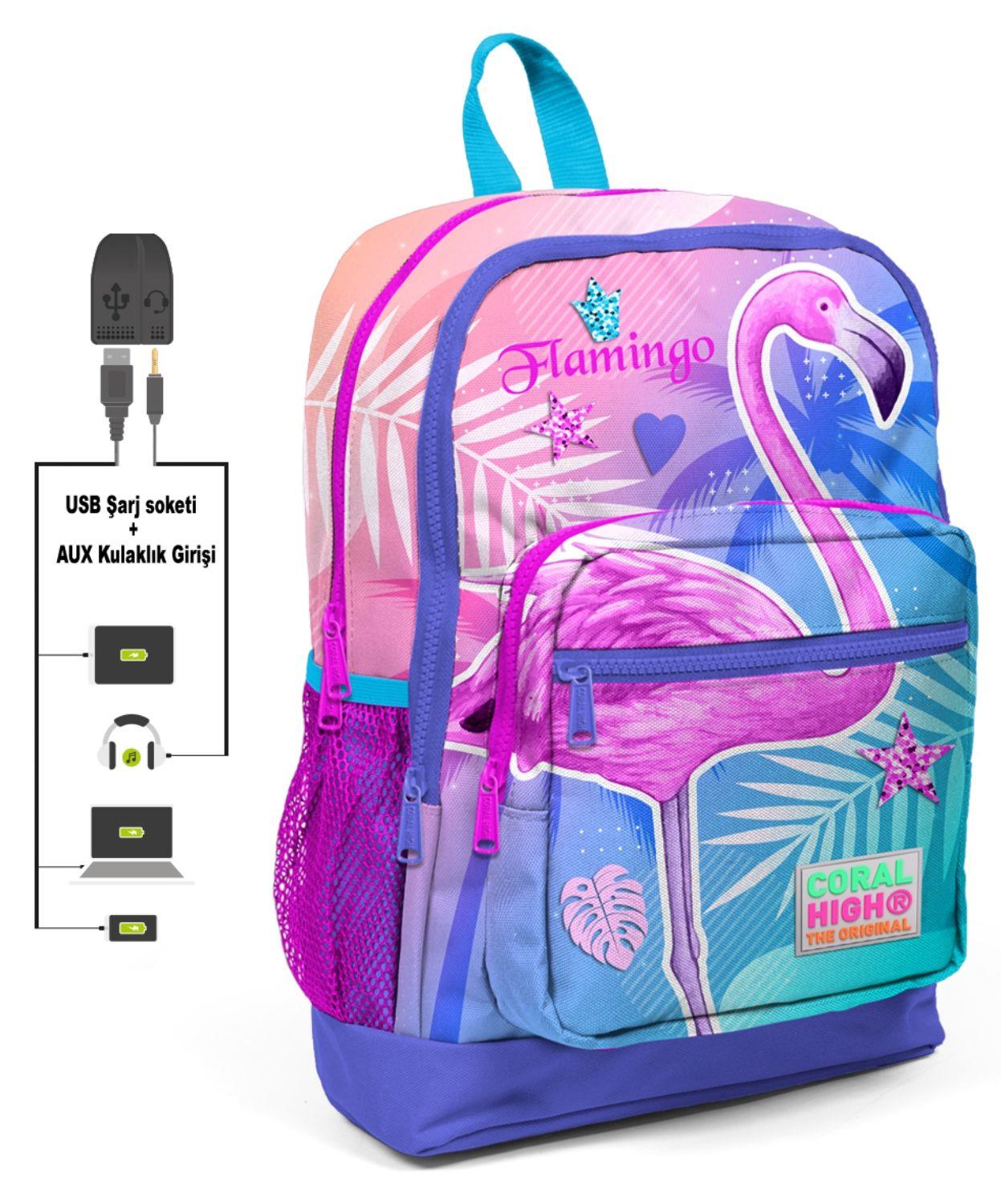 Coral High Pembe-Mavi Flamingo Baskılı İlkokul ve Günlük Sırt Çantası - USB ve AUX Soketli