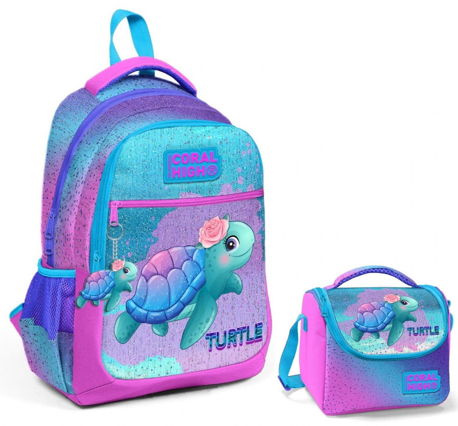 Coral High Pembe Mavi Kaplumbağa Okul Sırt ve Beslenme Çantası Seti - Kız Çocuk